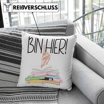 Trendation Dekokissen Trendation - Leseratte Geschenk Kissen Buch Grafik Bücher Lesen Bücherwurm Geschenk Spruch Lesen Bin hier Dekokissen mit Füllung 40x40