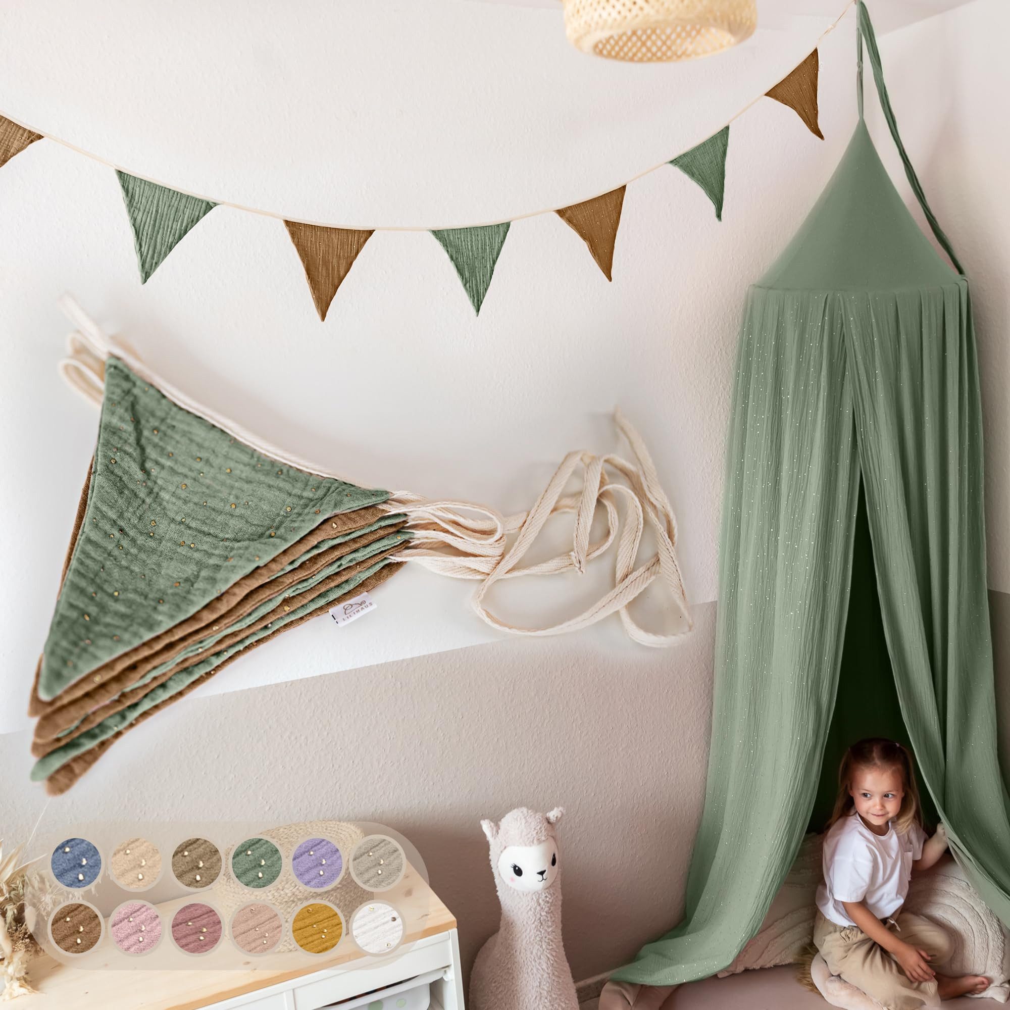 lilimaus Wimpelkette Handgemachte Wimpelkette aus Musselin Kinderzimmer Gold Applikation, Handgemachte Musselin-Wimpelkette für Kinderzimmerdeko