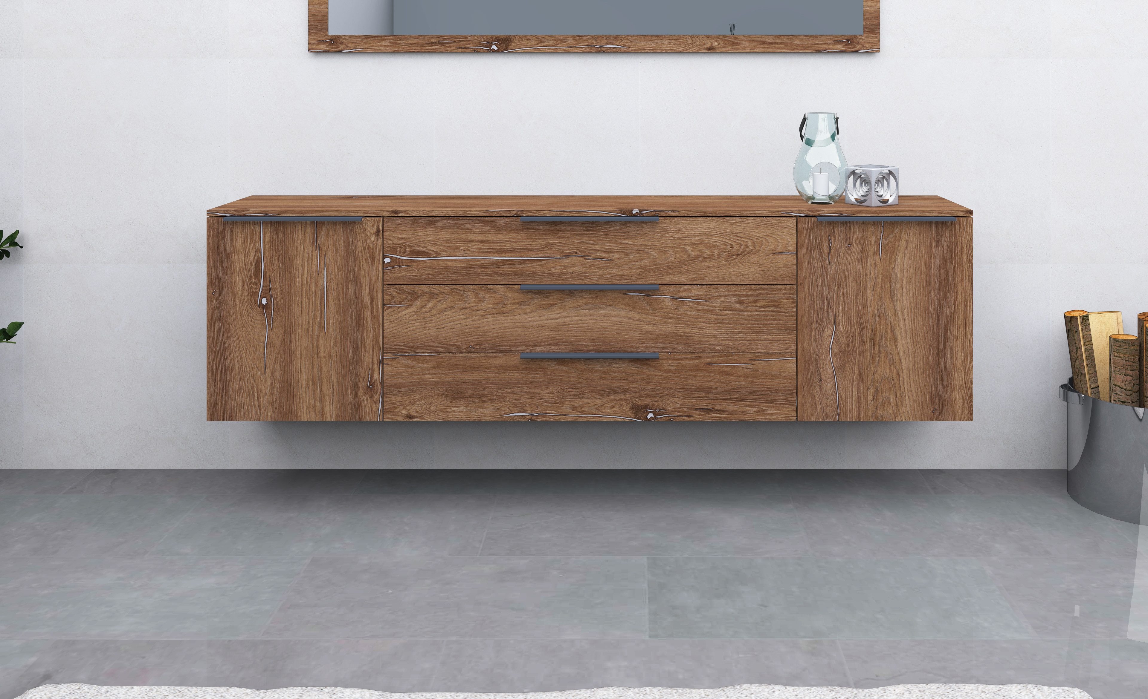 borchardt Möbel Sideboard Tom, Kommode Breite 200cm, hängend oder stehend mit Metallgriffen, 2 Türen 3 Schubkästen, verstellbare Einlegeböden