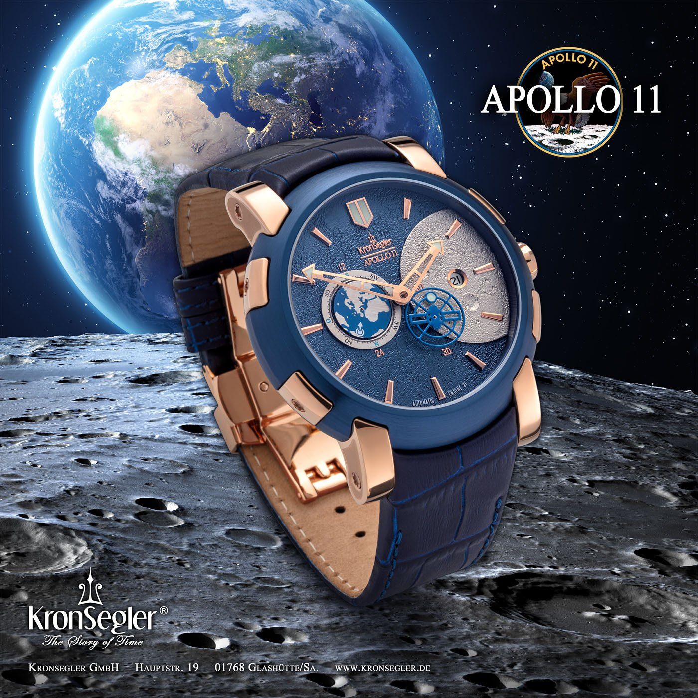 Kronsegler Automatikuhr Apollo 11 Gehäuse Herren Lederband m. Armbanduhr rosé