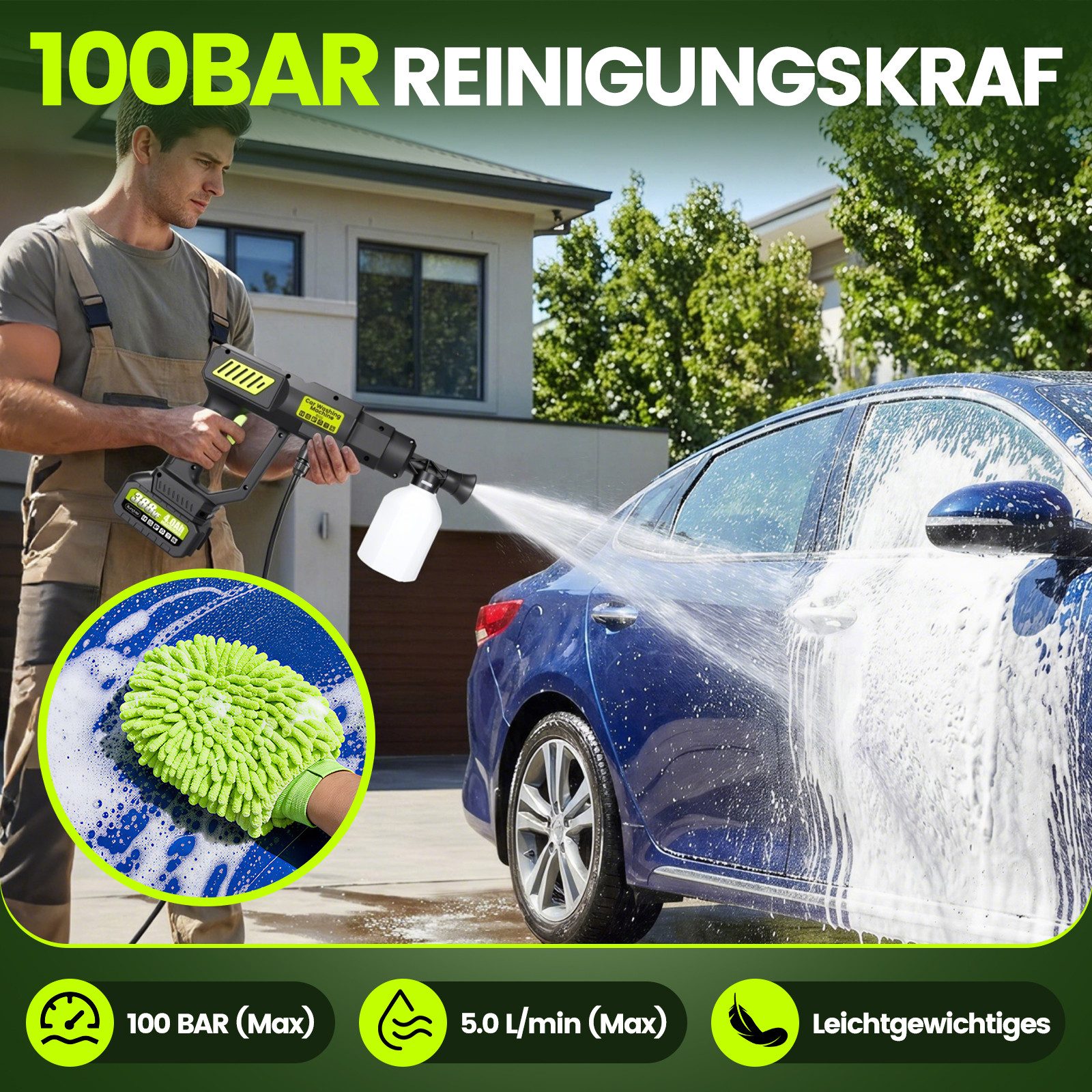 Bundviel Akku-Hochdruckreiniger 6 in 1 Tragbarer Hochdruckreiniger Auto Mobiler Druckreiniger 100Bar, Druck max: 100 bar