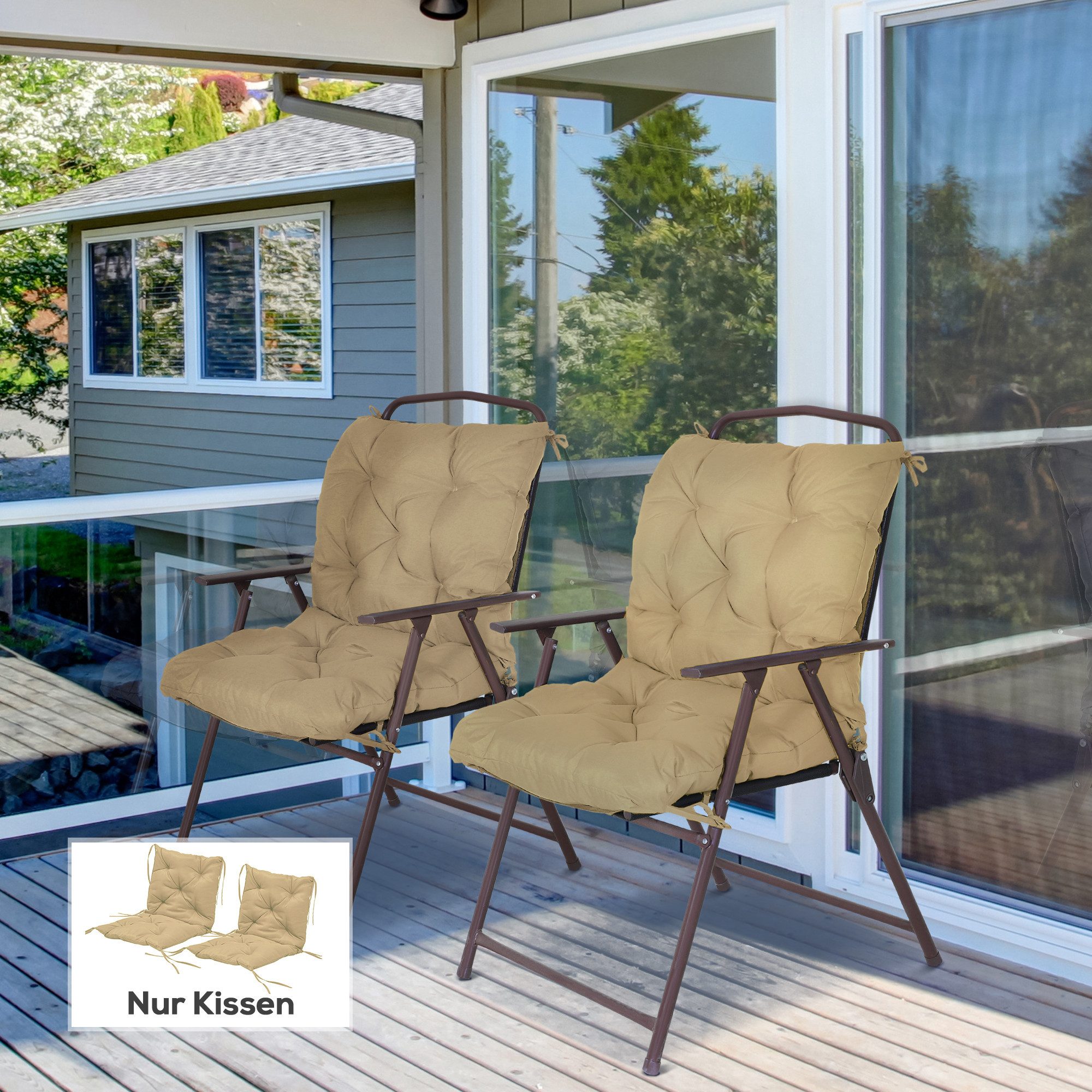 Outsunny Sitzkissen mit Bindebänder, Stoffbezug, 8cm dick, für Küche, Büro, Esszimmerstühle, Khaki