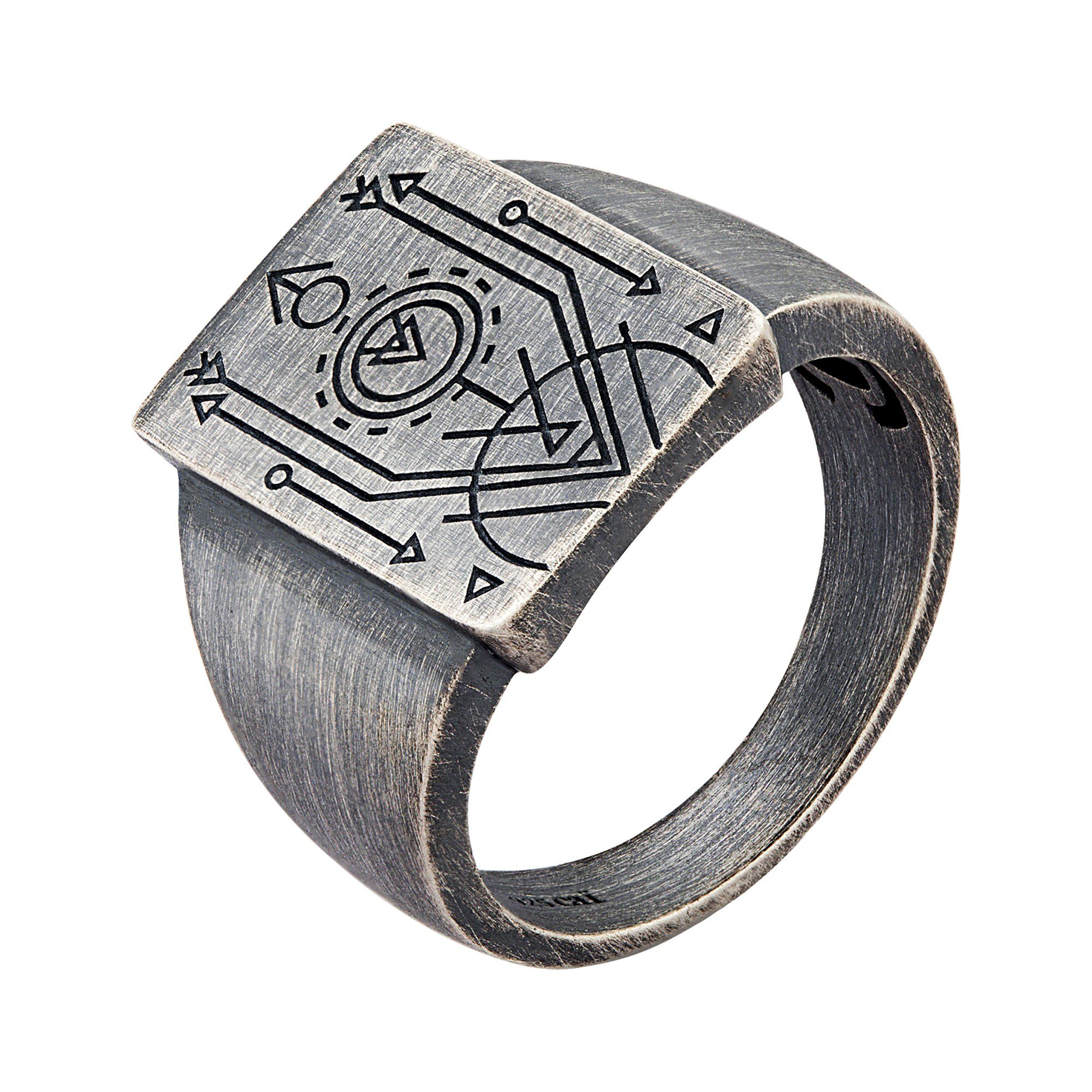 CAÏ Fingerring 925 Silber Siegelring matt oxidiert Tattoo Motiv grau