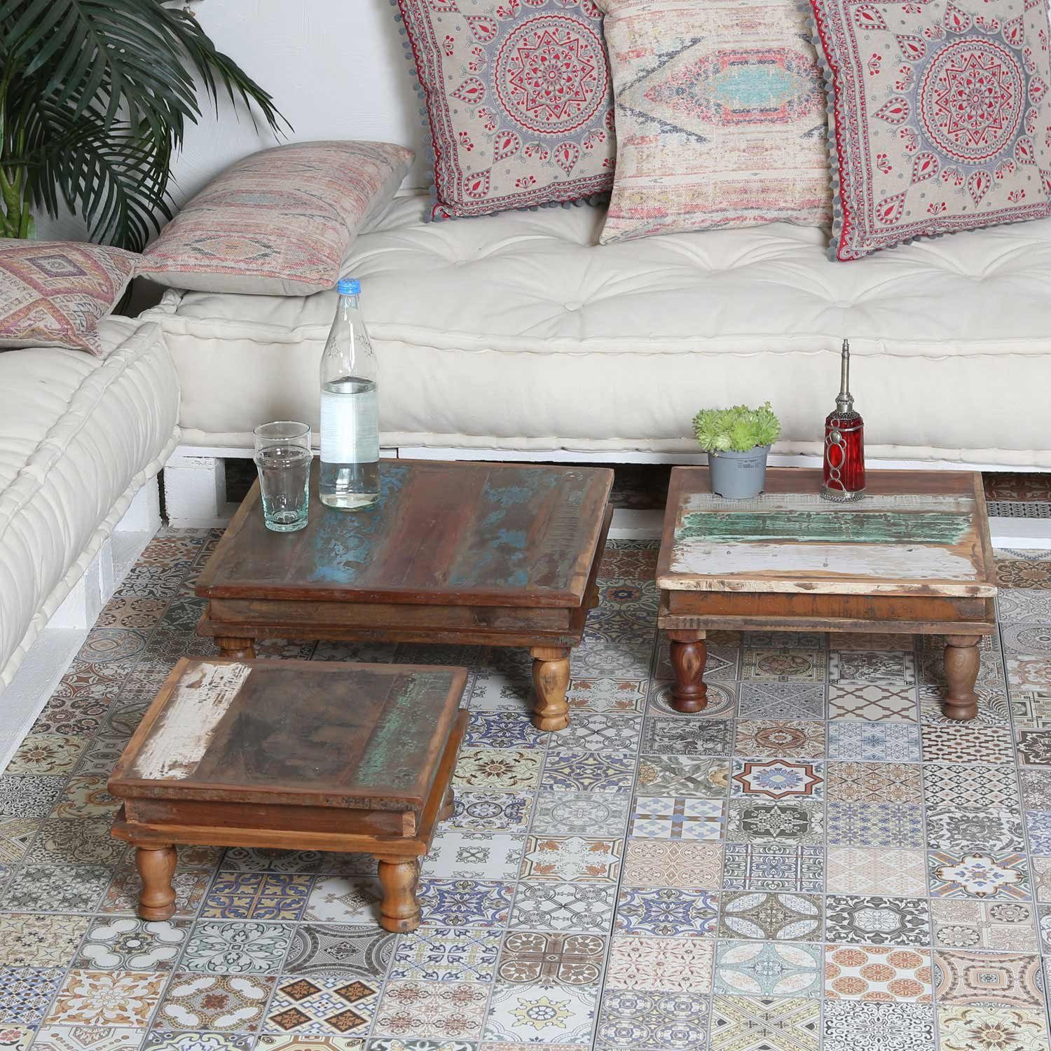 Casa Moro Beistelltisch Shabby Chic Tisch SIERA 3er Set braun bunt quadratisch (Sofatisch klein in Antik Look, 3-St), aus Recycling Altholz, Vintage Deko Beistelltisch