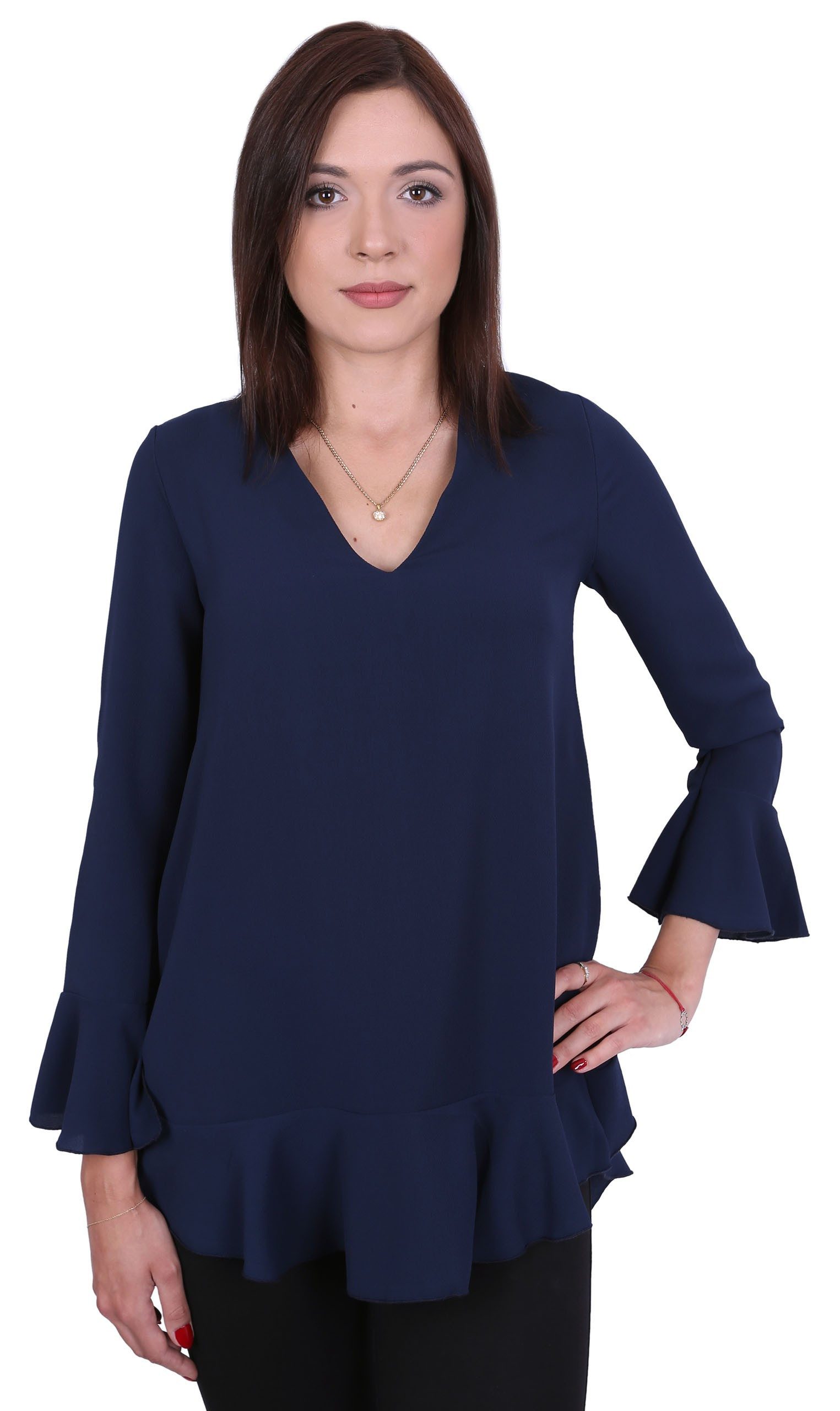 Rüschenbluse John Zack Dunkelblaue Bluse mit Rüsche L