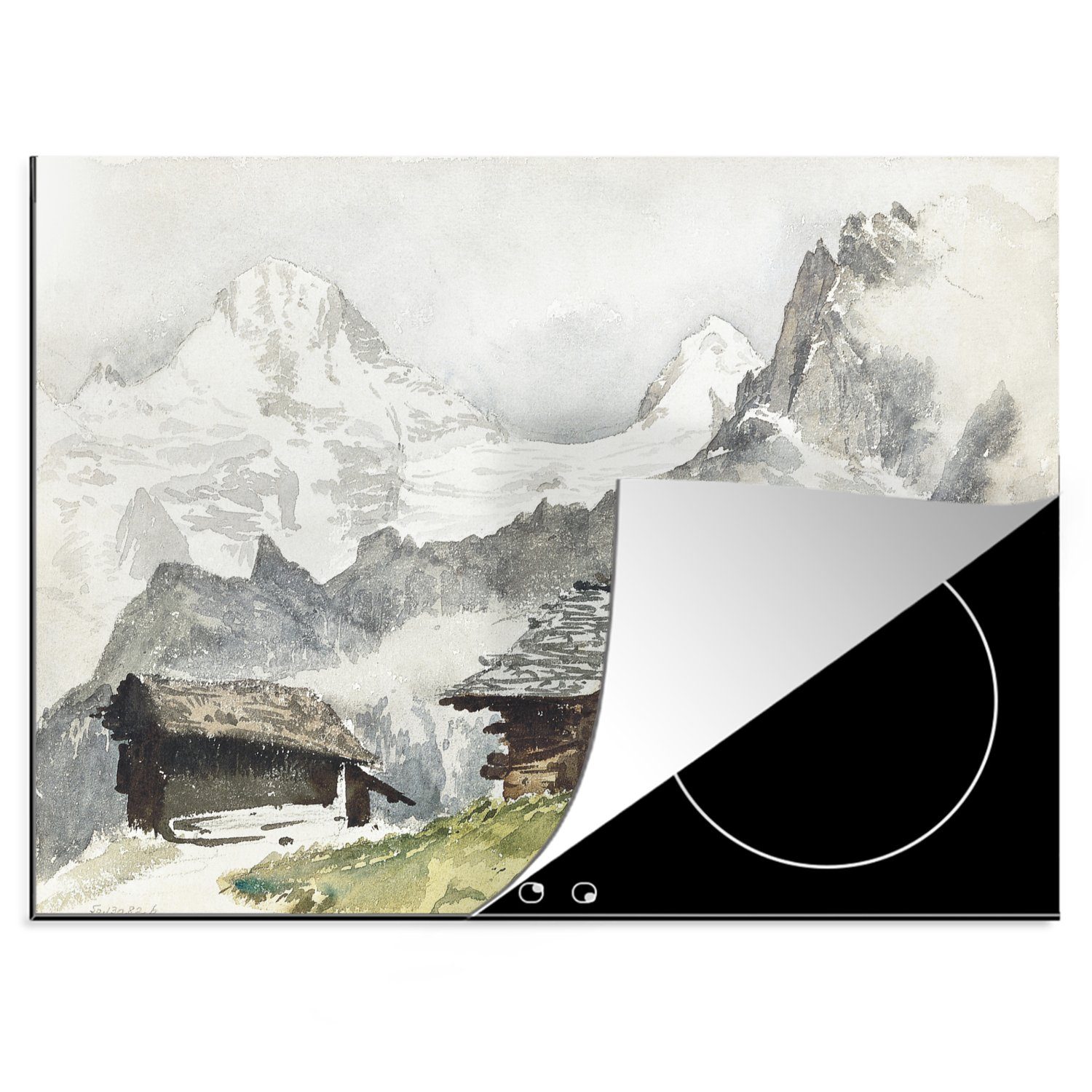 MuchoWow Herdblende-/Abdeckplatte Chalets, Breithorn, Mürren - John Singer Sargent, Vinyl, (1 tlg), 70x52 cm, Mobile Arbeitsfläche nutzbar, Ceranfeldabdeckung