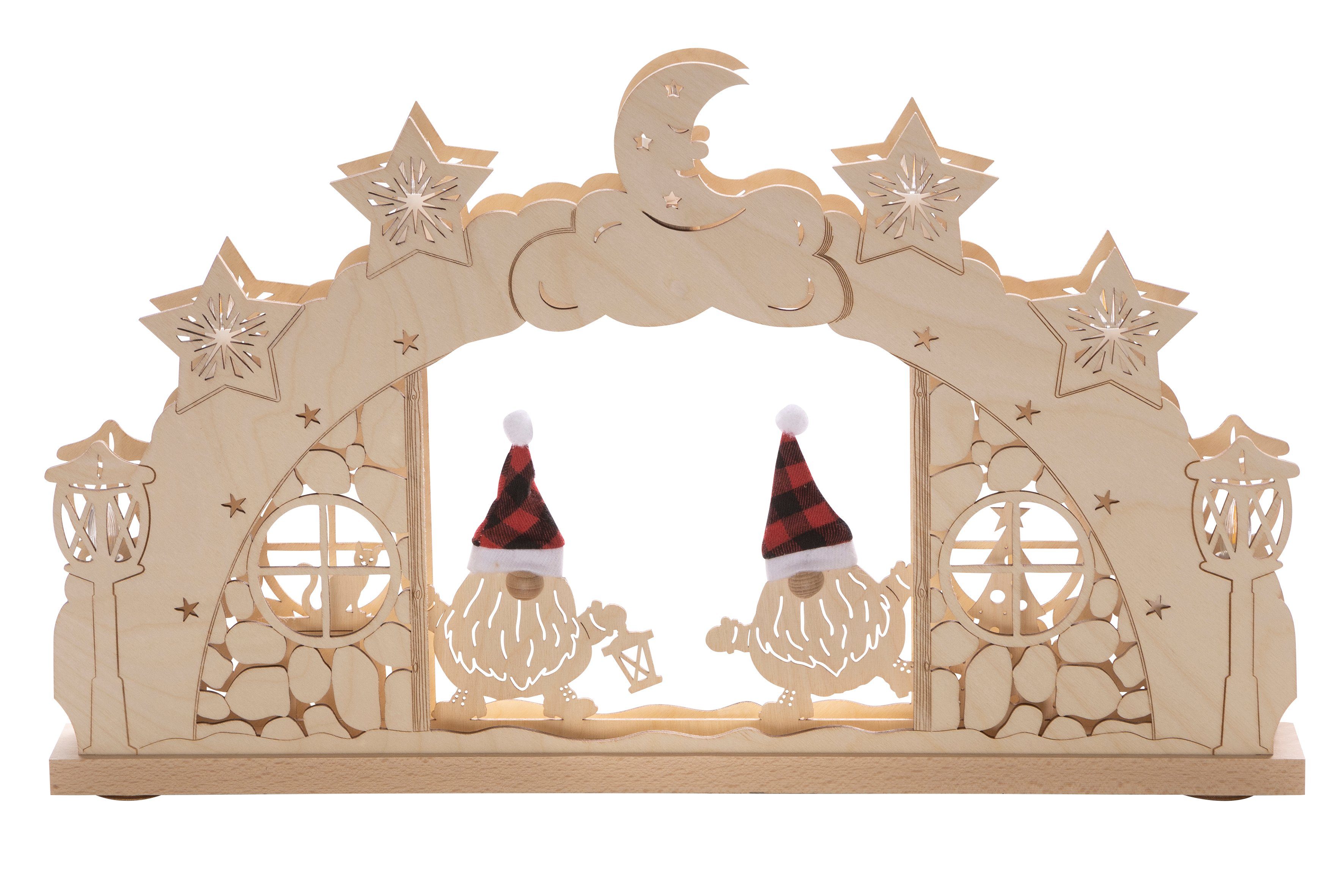 cm Wichtel Grete, aus mit ca. Stupsnase Zipfelmütze & Holz, 32 mit Mond und Sterne, 7-flammig, Weihnachtsdeko home Schwibbogen LED my Höhe (1-tlg),