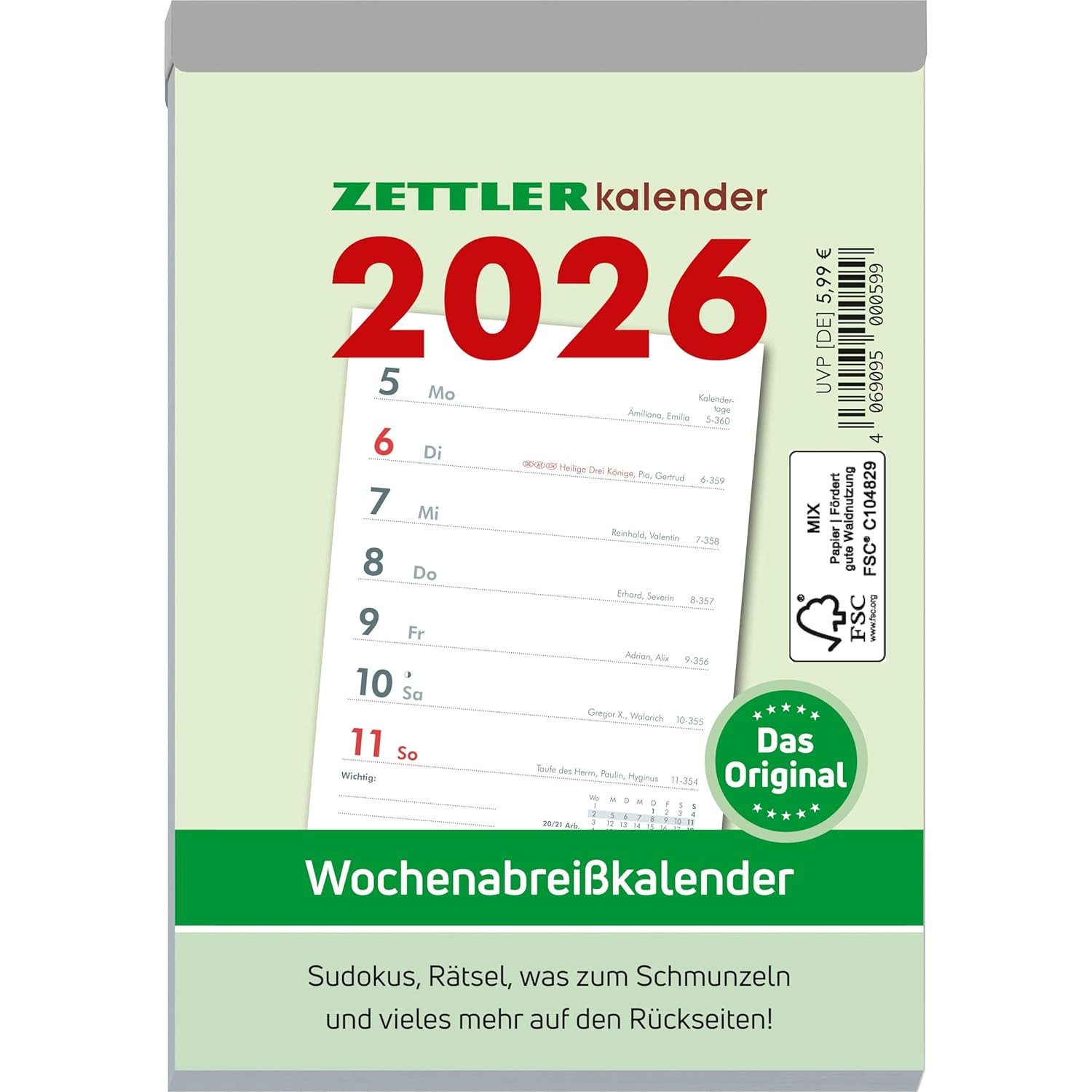 ZETTLER Abreißkalender ZETTLER Wochenabreißkalender 2026 Abreißblock Kalender 10,5x14,6cm
