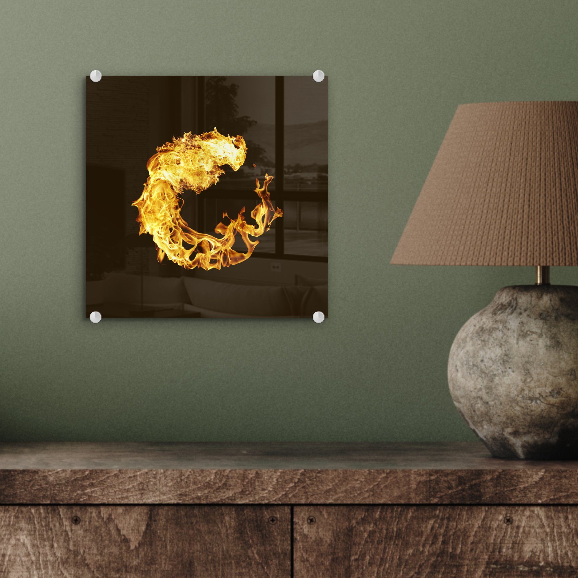 Wanddekoration Hintergrund, MuchoWow Gelbe Glasbilder Feuers - Glas Wandbild auf des Flammen auf Foto - einen bilden Glas - schwarzem auf St), (1 Bilder Acrylglasbild Kreis