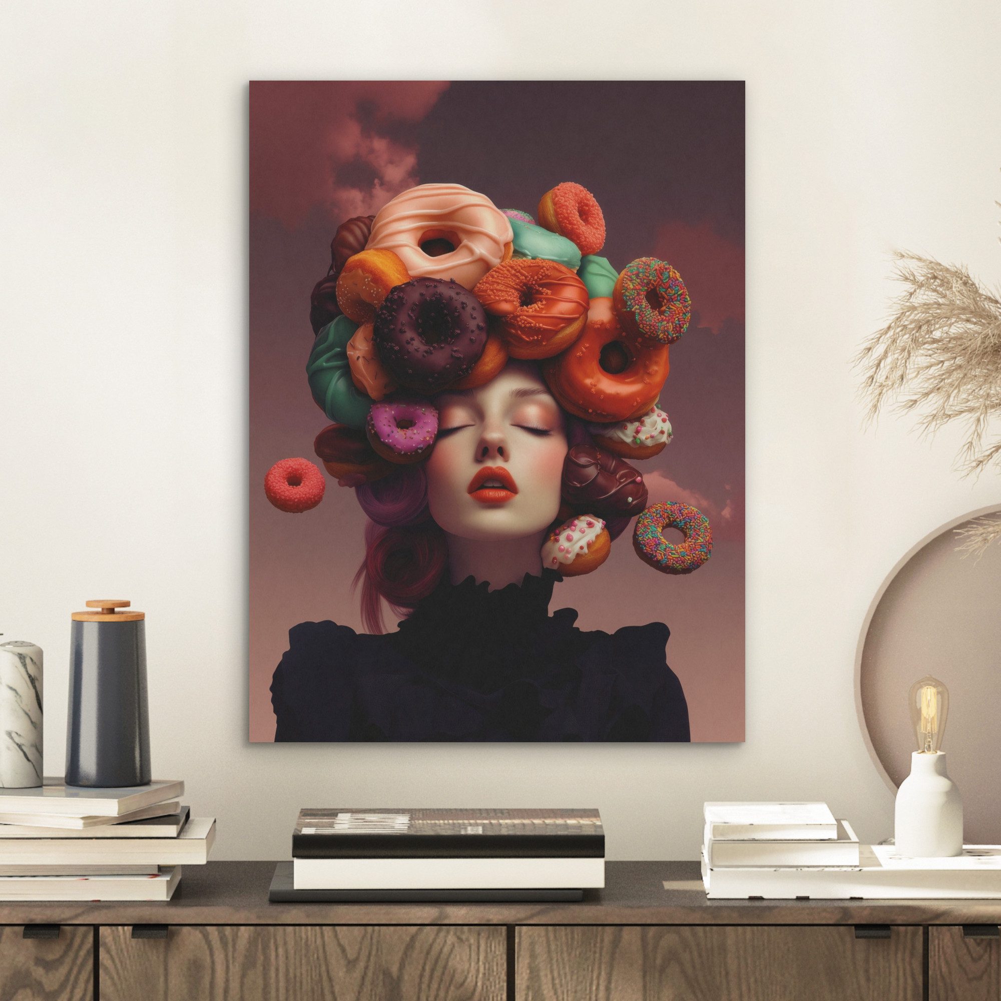 MuchoWow Gemälde Frau - Donuts - Bunt - Küche, Fotodruck (1 St), Akustikpaneele, Wandpaneele, Schalldämmung, Akustikbilder 30x40 cm