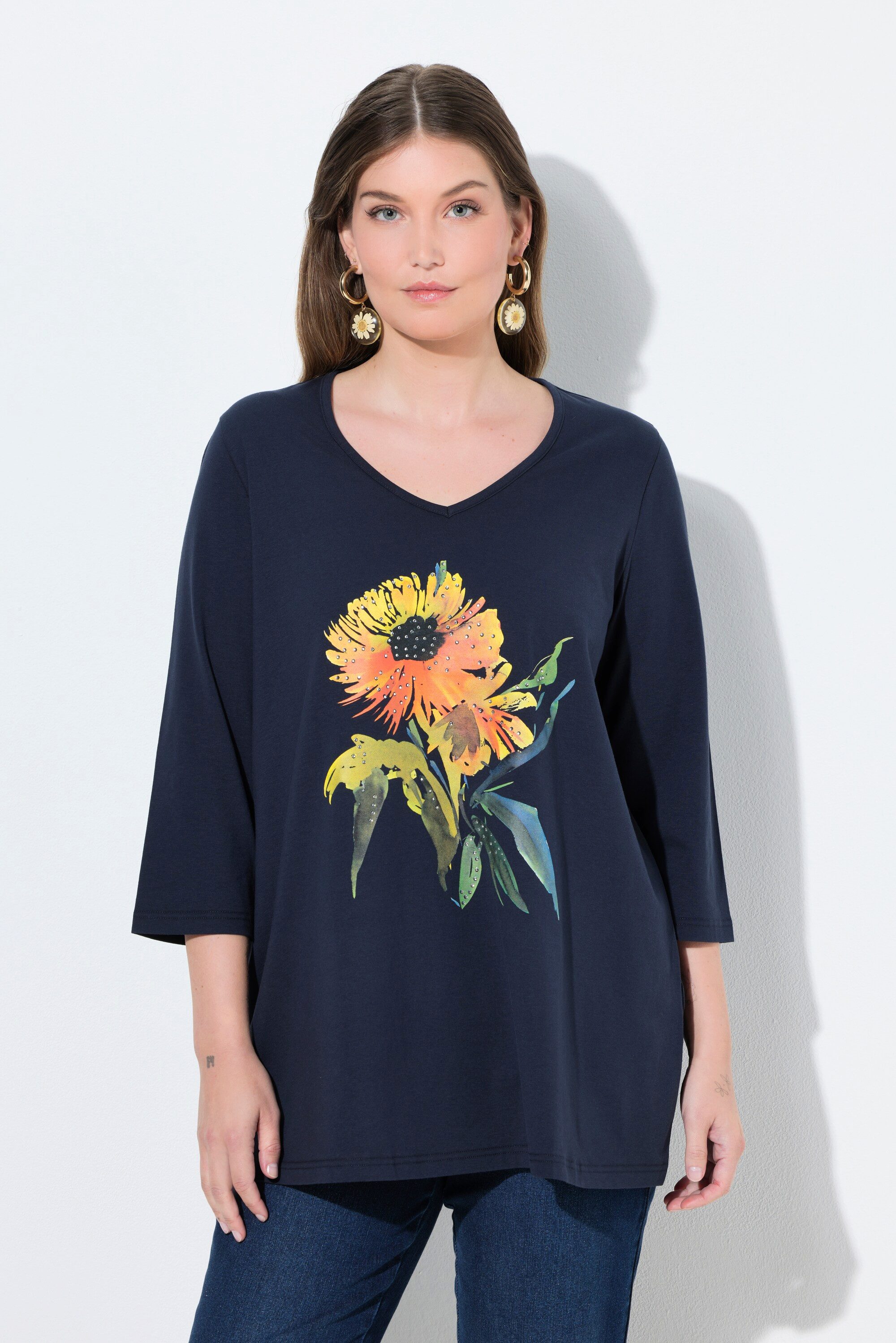 Ulla Popken T-Shirt Shirt Sonnenblume A-Linie V-Ausschnitt 3/4-Arm
