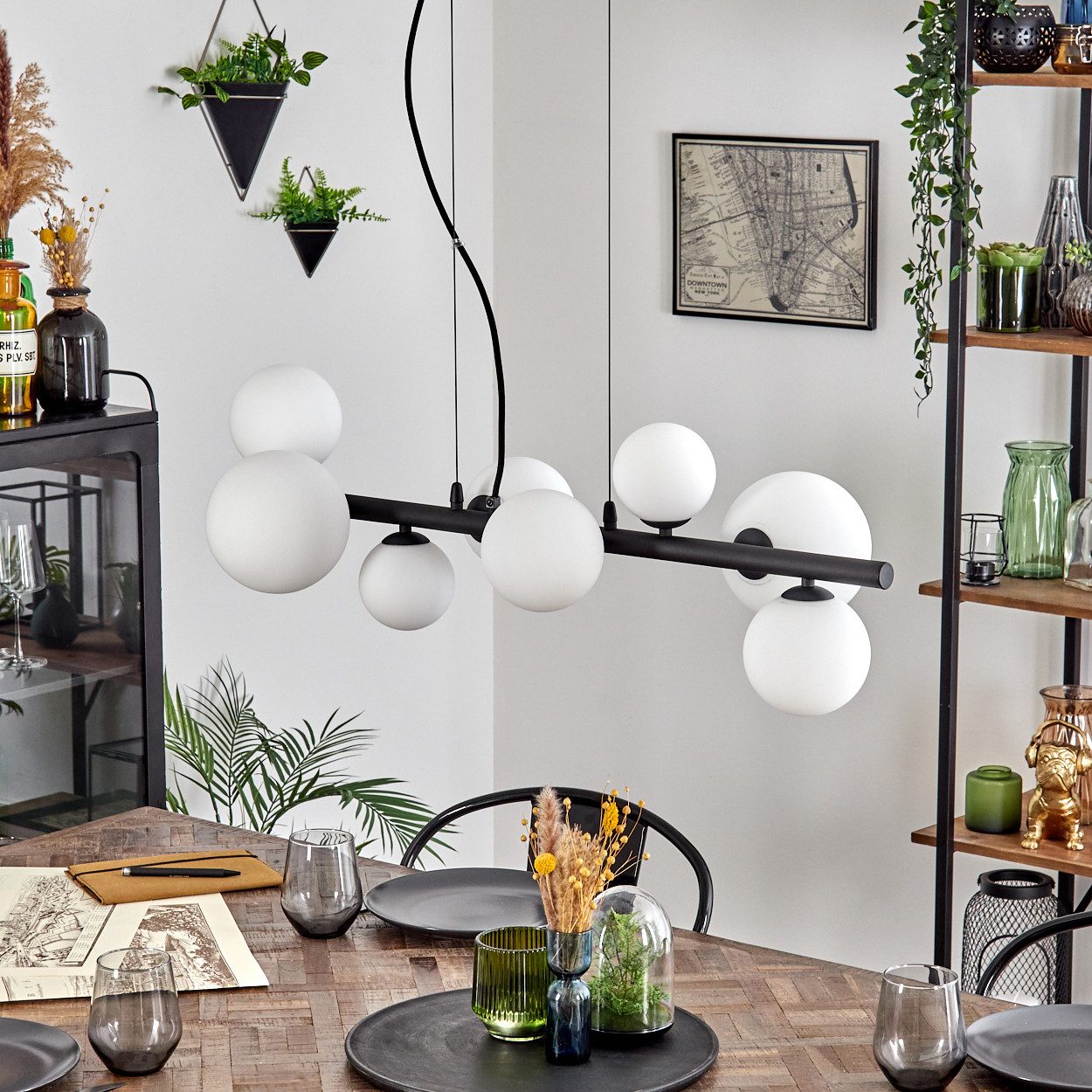 hofstein Pendelleuchte Hängelampe aus Metall/Glas in Schwarz/Weiß, ohne Leuchtmittel, Hängeleuchte im Retro/Vintage-Design mit Glasschirmen, 10 x G9