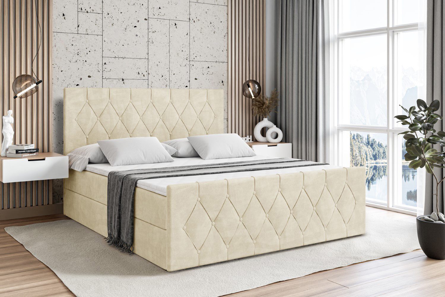 ALTDECOR Boxbett VELANTO (mit Matratze Lattenrost Topper Polsterbett mit Bettkasten Doppelbett), H4 Multipocket / H3 Bonellfederung, Springboxbett Boxspringbett