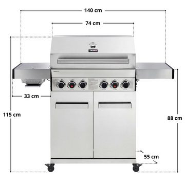 TAINO Gasgrill PLATINUM 4+2, Gasgrill mit Abdeckhaube, Gasdruckminderer und Gasschlauch, Piezozündung, Warmhalterost, Seitenbrenner bis 800°C