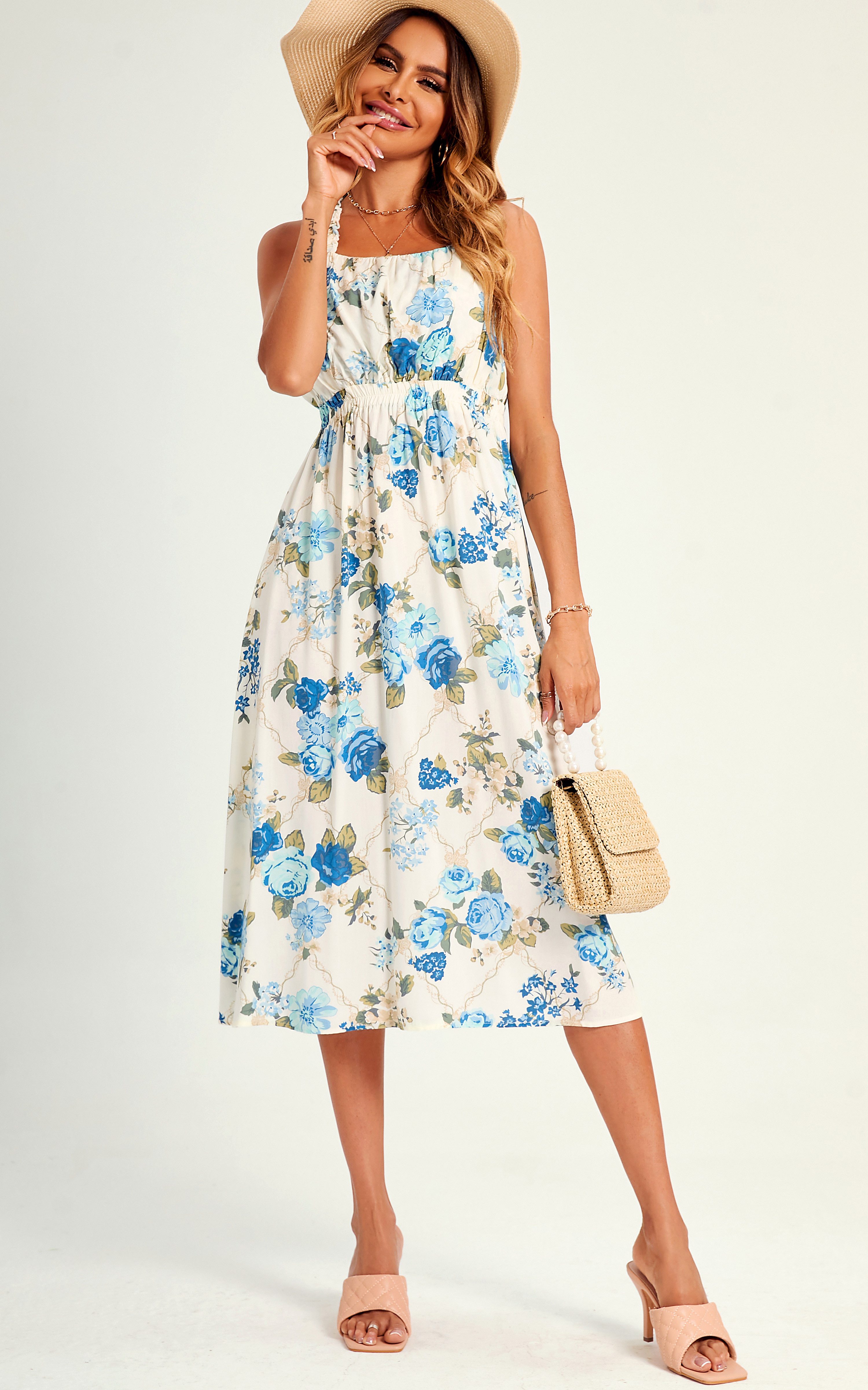 FS Collection Trägerkleid Damen Sommerkleid Midikleid Blumenkleid Trägerkleid Rückenfrei (S (UK 8–10 / EU 36–38), M (UK 10–12 / EU 38–40), L (UK 12–14 / EU 40–42) Rückenfrei, gekreuzte Träger, Blumenmuster, elastische Taille