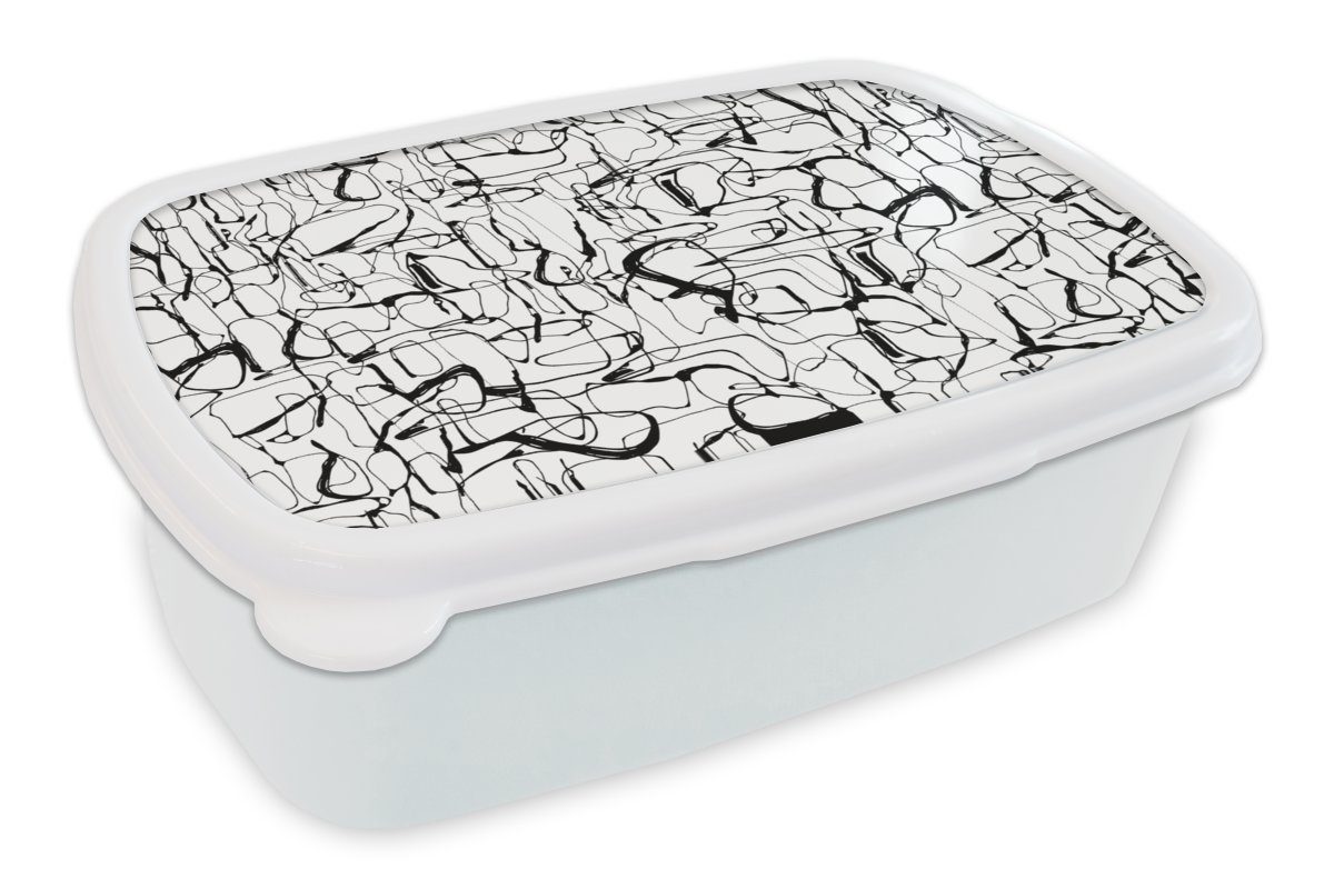MuchoWow Lunchbox Linienkunst - Abstrakt - Muster - Schwarz und Weiß, Kunststoff, (2-tlg), Brotbox für Kinder und Erwachsene, Brotdose, für Jungs und Mädchen