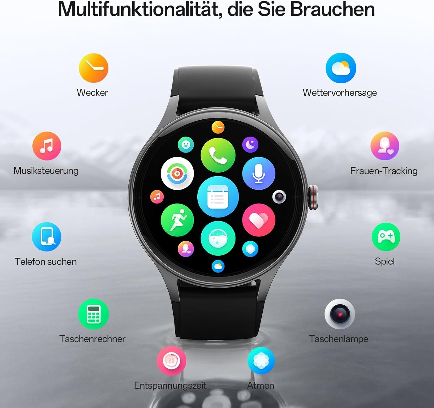Woneligo DR06-BK Smartwatch (3,2 cm, Andriod ios), Runde Smartwatch Fitness Tracker
