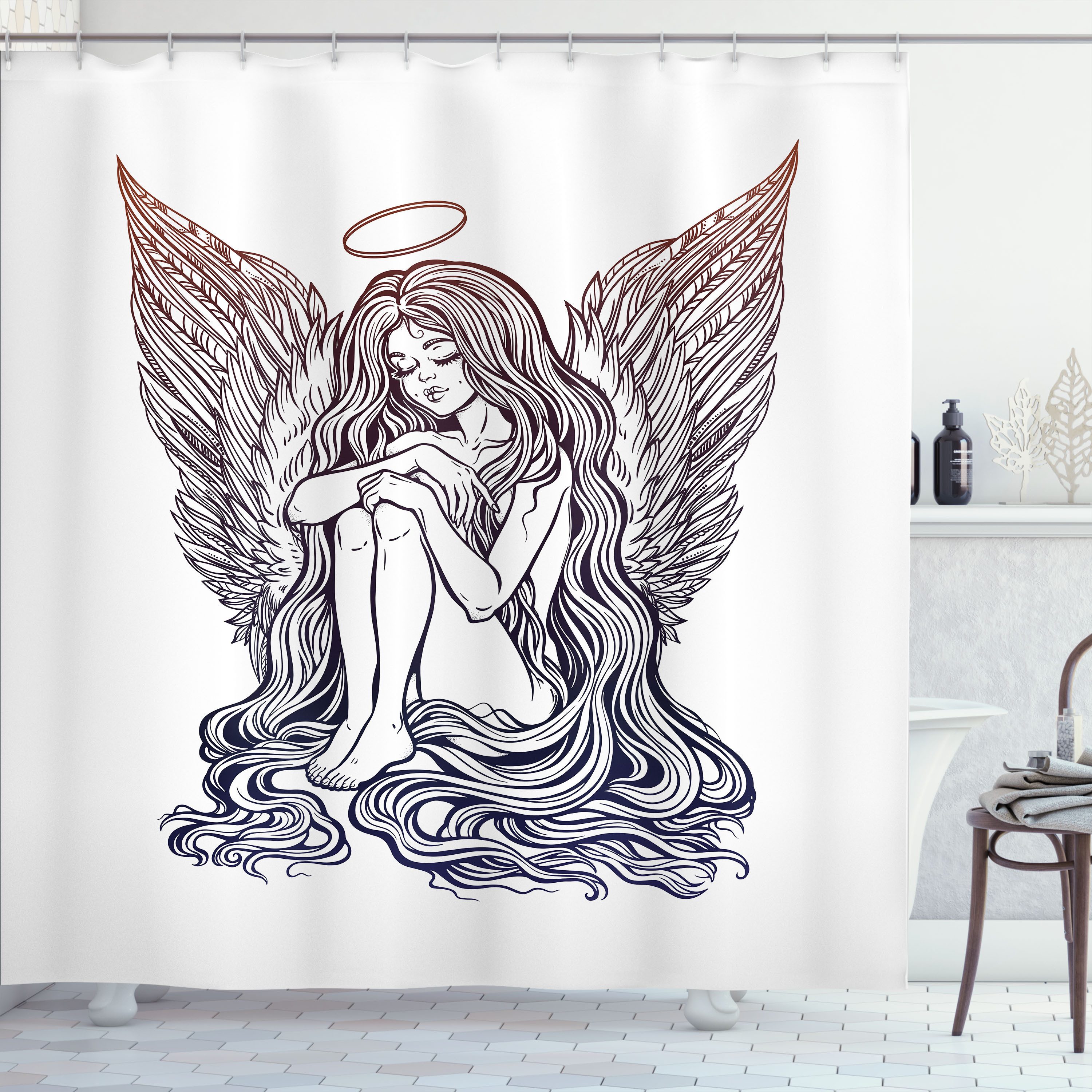 Abakuhaus Duschvorhang Moderner Digitaldruck mit 12 Haken auf Stoff Wasser Resistent Breite 175 cm, Höhe 180 cm, angel Wings Langes Haar Mädchen und Halo