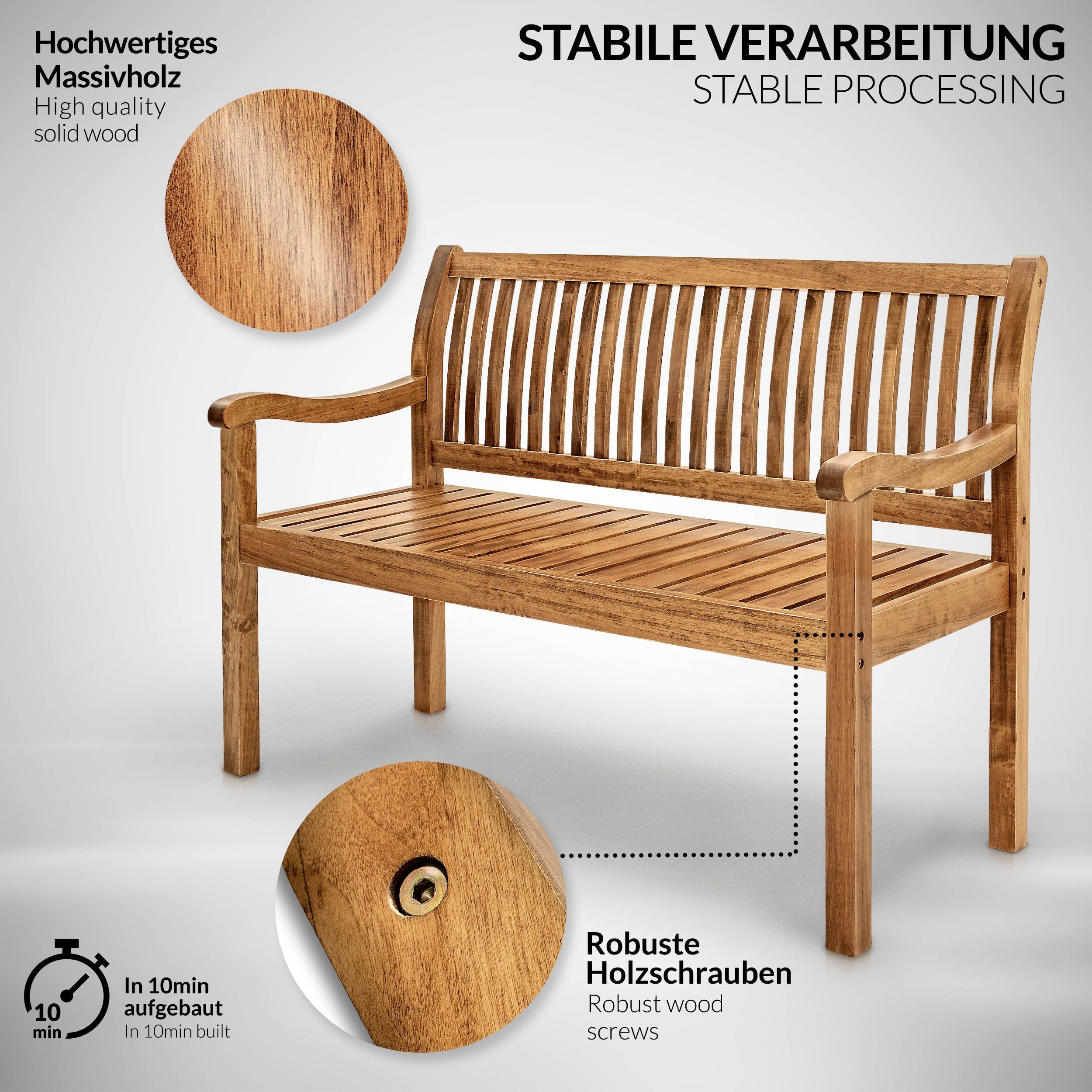 tillvex Gartenbank Holz Parkbank Massiv Sitzbank wetterfest, Holzbank Massivholz 320 kg belastbar, für Balkon, Terrasse & Garten