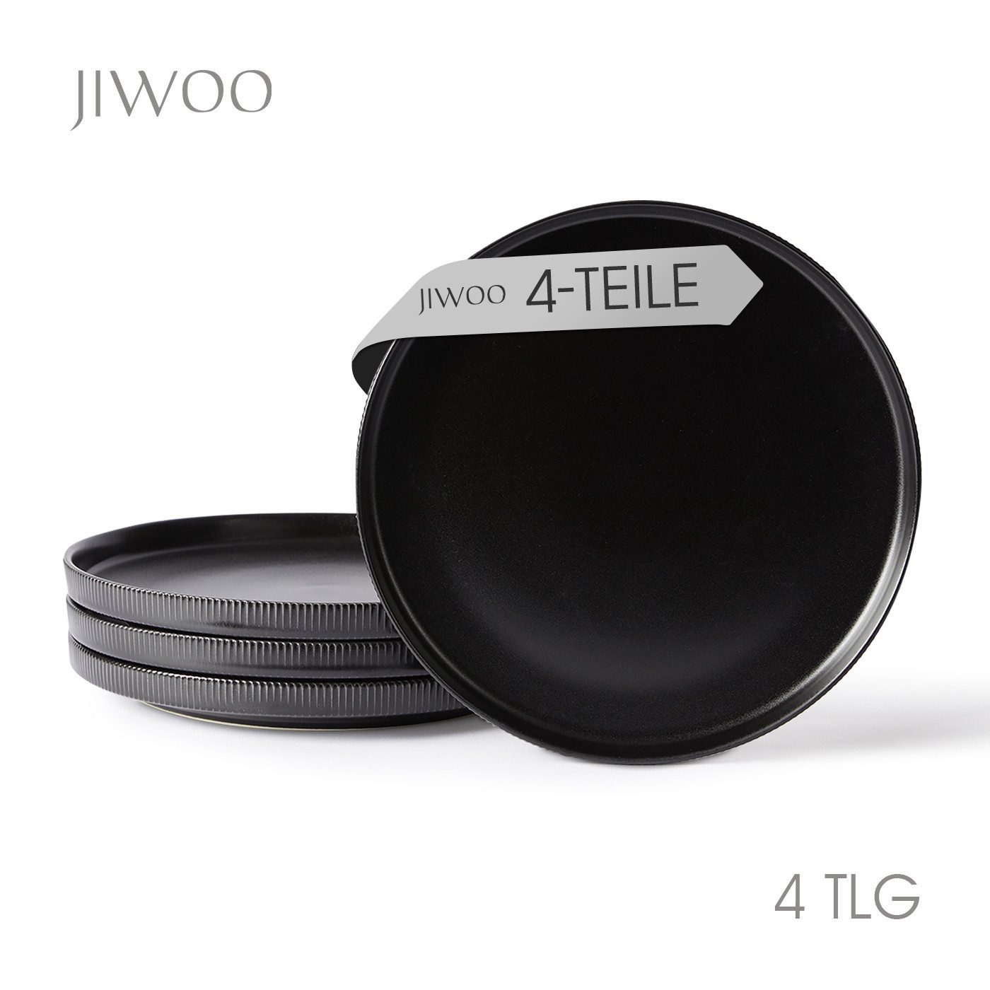 JIWOO Teller 4er Ø27,7cm, Speiseteller Steakteller Dessertteller Brotteller Plate, (4 St), Keramik Hochwertiges Tellerset Schwarz Mikrowellen spülmaschinenfest