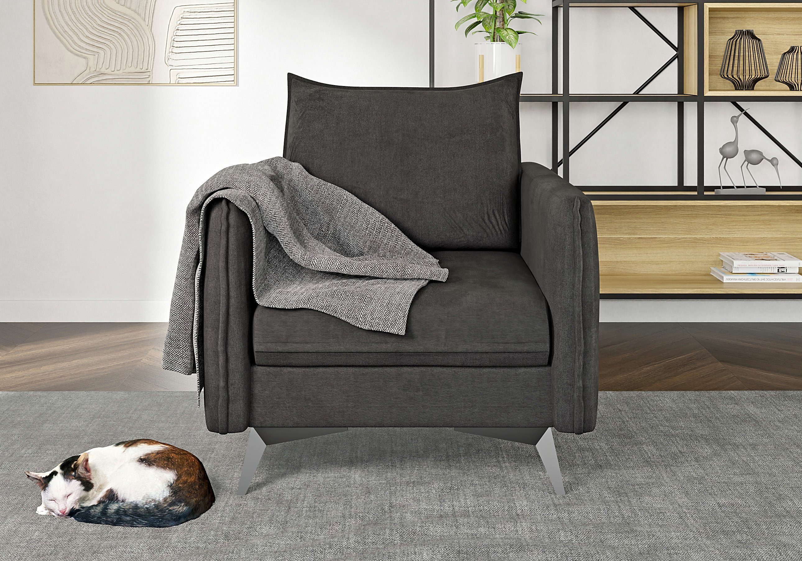 Schwarz Graphit mit Möbel S-Style Füßen, mit Sessel Wellenfederung Azalea Modernes Metall