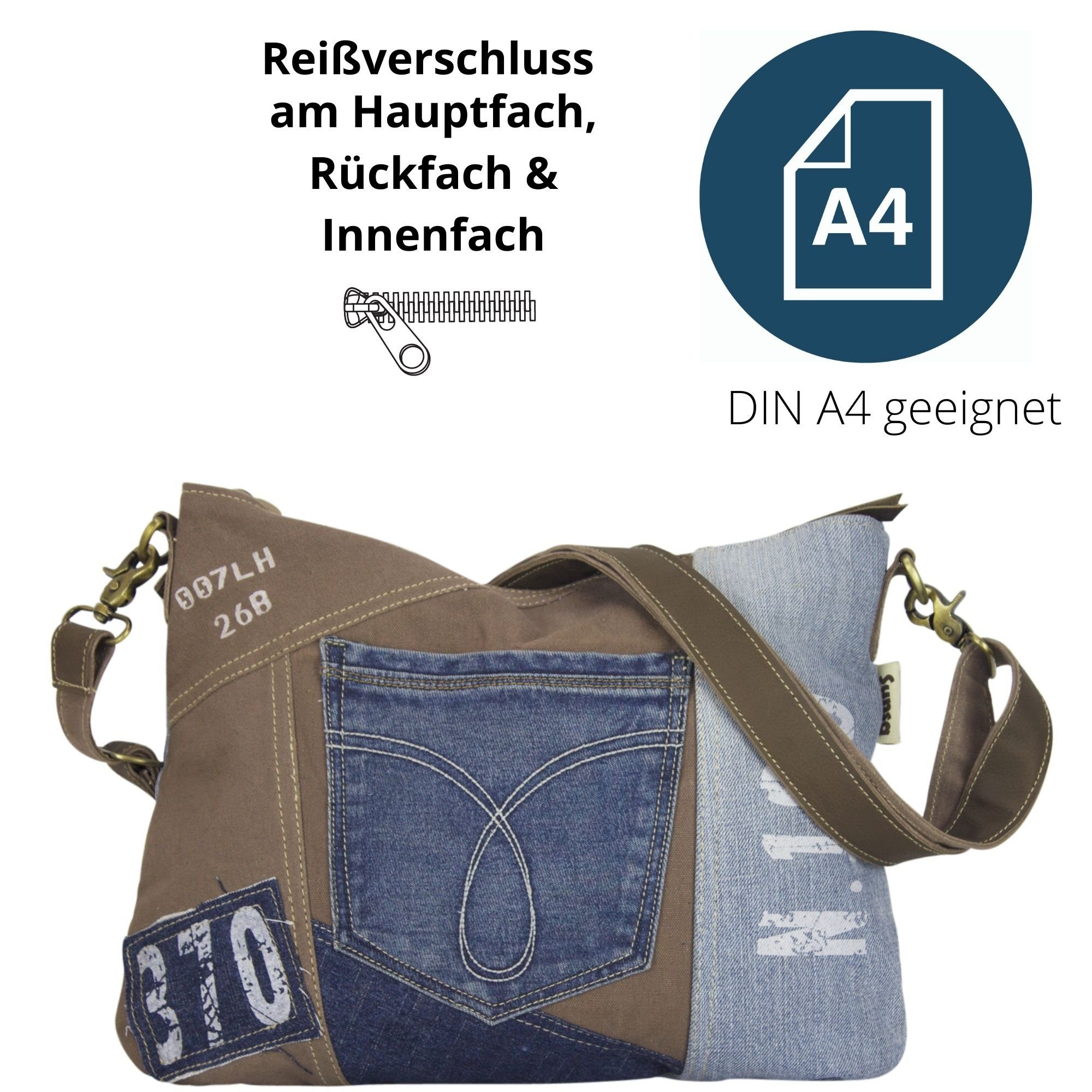 Sunsa Umhängetasche Nachhaltige Jeanstasche Crossbody Tasche Umhängetasche, Mit abnehmbaren Schulterriemen, recycelter Jeansstoff