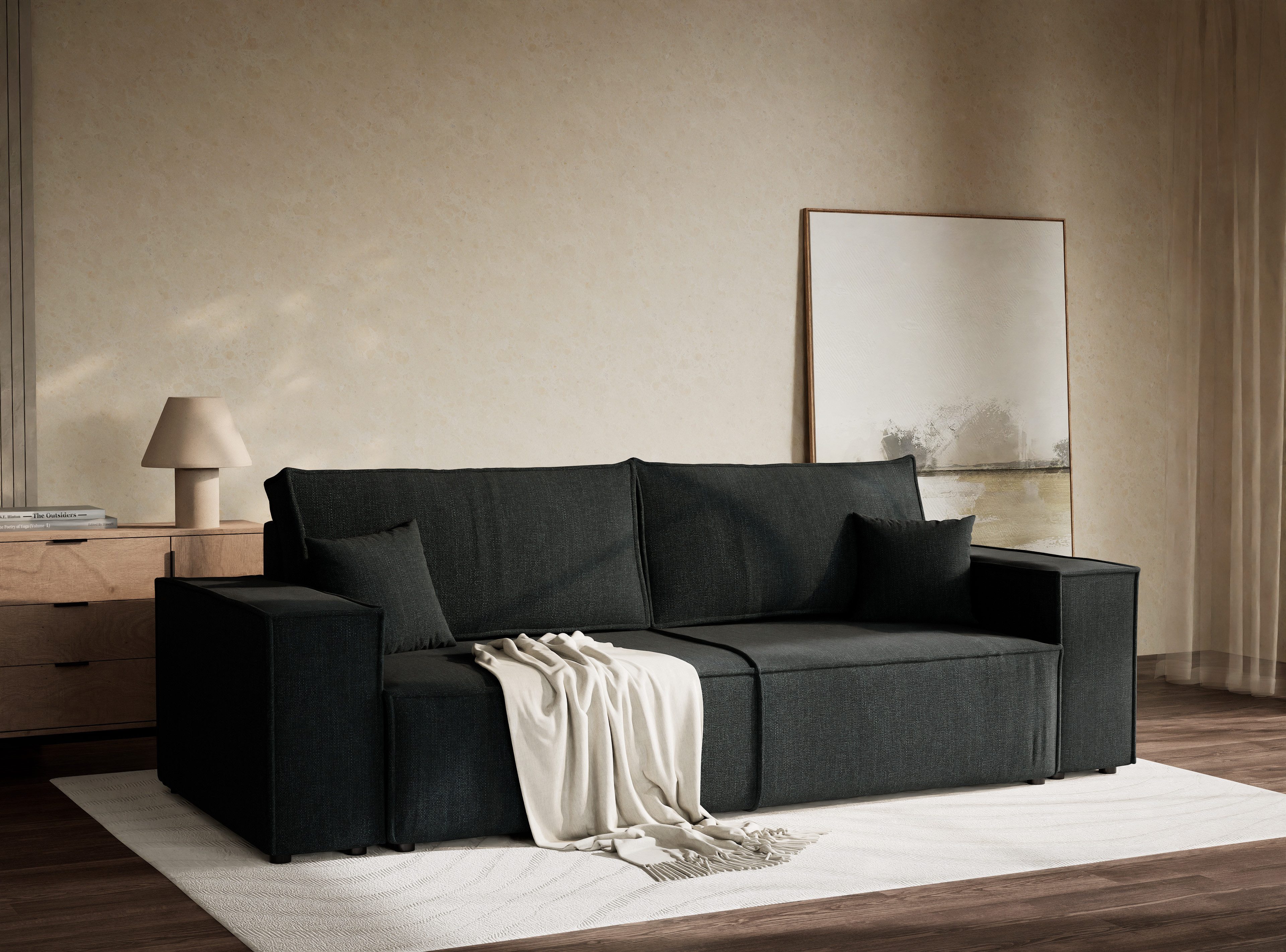 Maison de Rêve 3-Sitzer Sofa mit Schlaffunktion Milos, Schlafsofa mit Bettkasten und Zierkissen, Liegefläche 135x200 cm