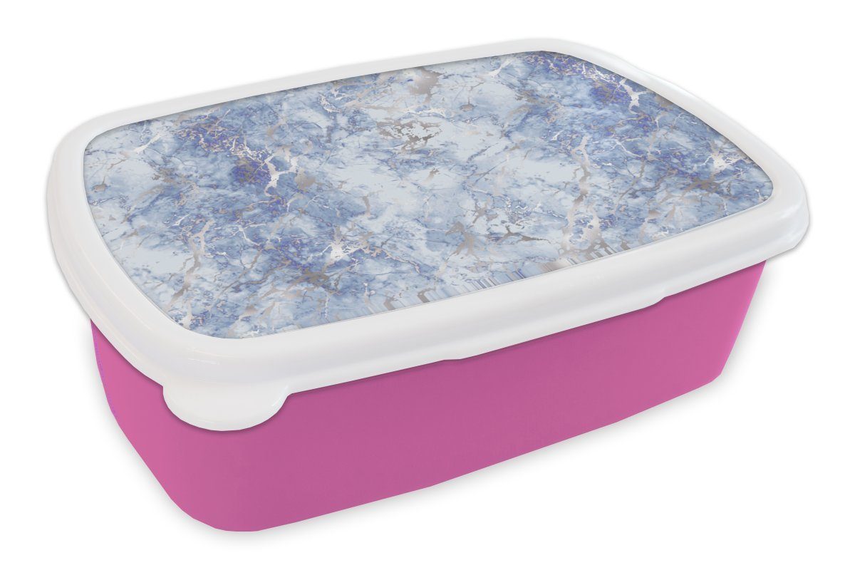 MuchoWow Lunchbox Marmor - Silber - Muster - Luxus, Kunststoff, (2-tlg), Brotbox für Erwachsene, Brotdose Kinder, Snackbox, Mädchen, Kunststoff rosa