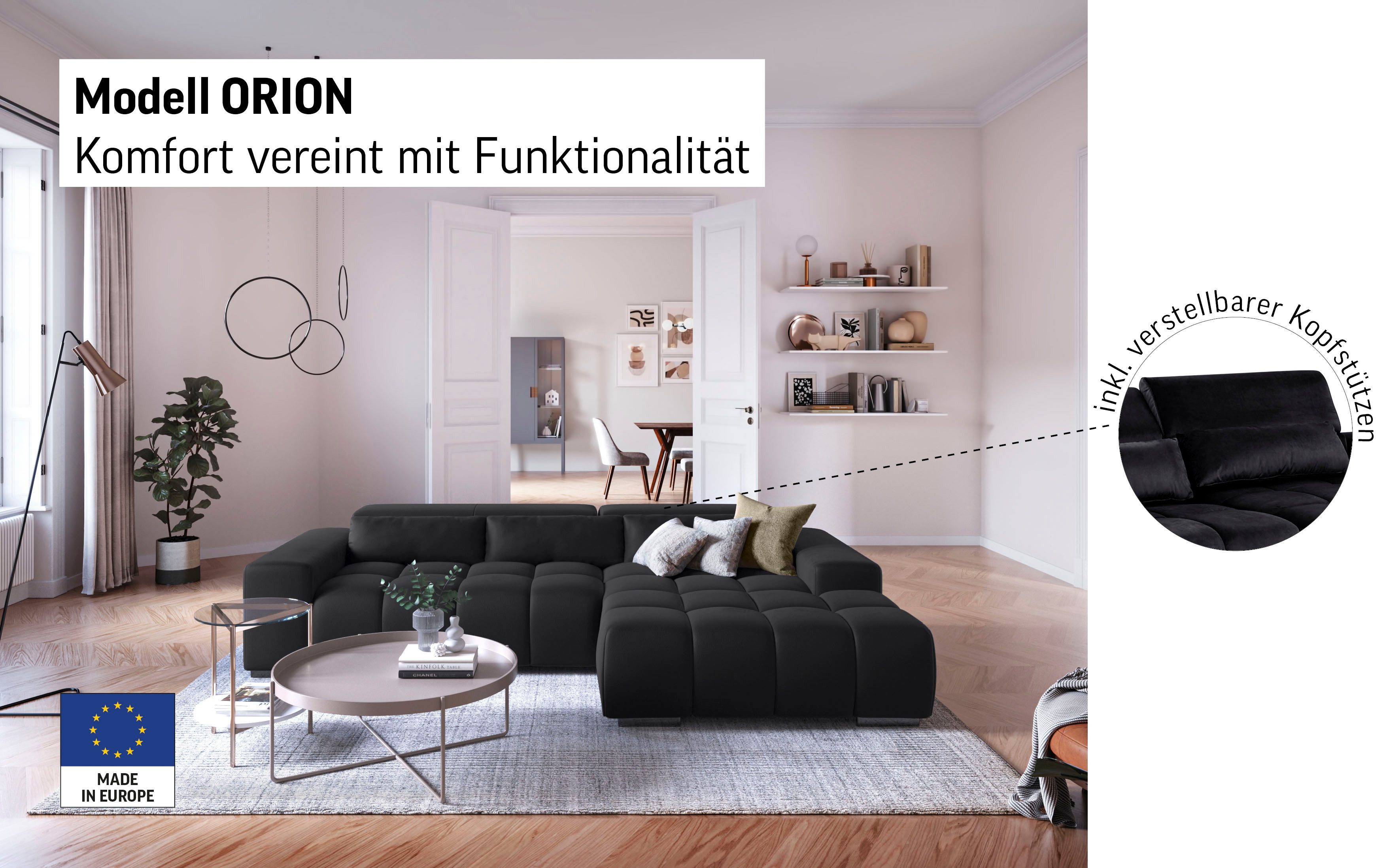 COTTA Ecksofa Orion L-Form, mit 2x Kopfteilverstellung & 3 Nierenkissen