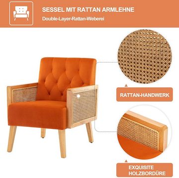 HomeMiYN Sessel Samt Sessel mit Rattan Armlehne Wohnzimmer Modern Loungesessel Relaxsessel Schlafzimmer Balkon Holz Wohnzimmer Polstersessel Modern Rattan Armlehne Samt Stuhl (Orange), mit Ratten