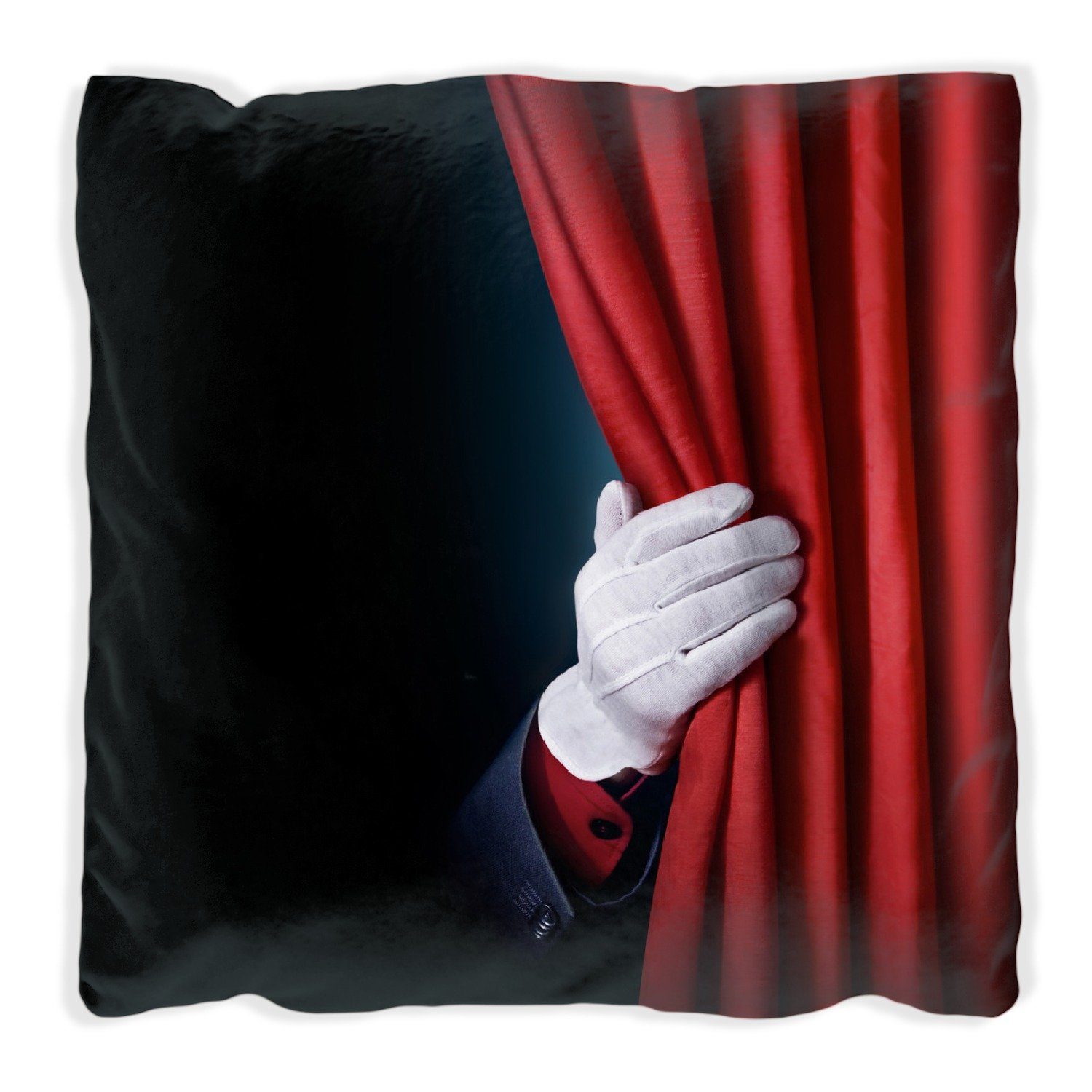 Wallario Dekokissen Vorhang auf für die Show Hand hinterm roten Vorhang, handgenäht