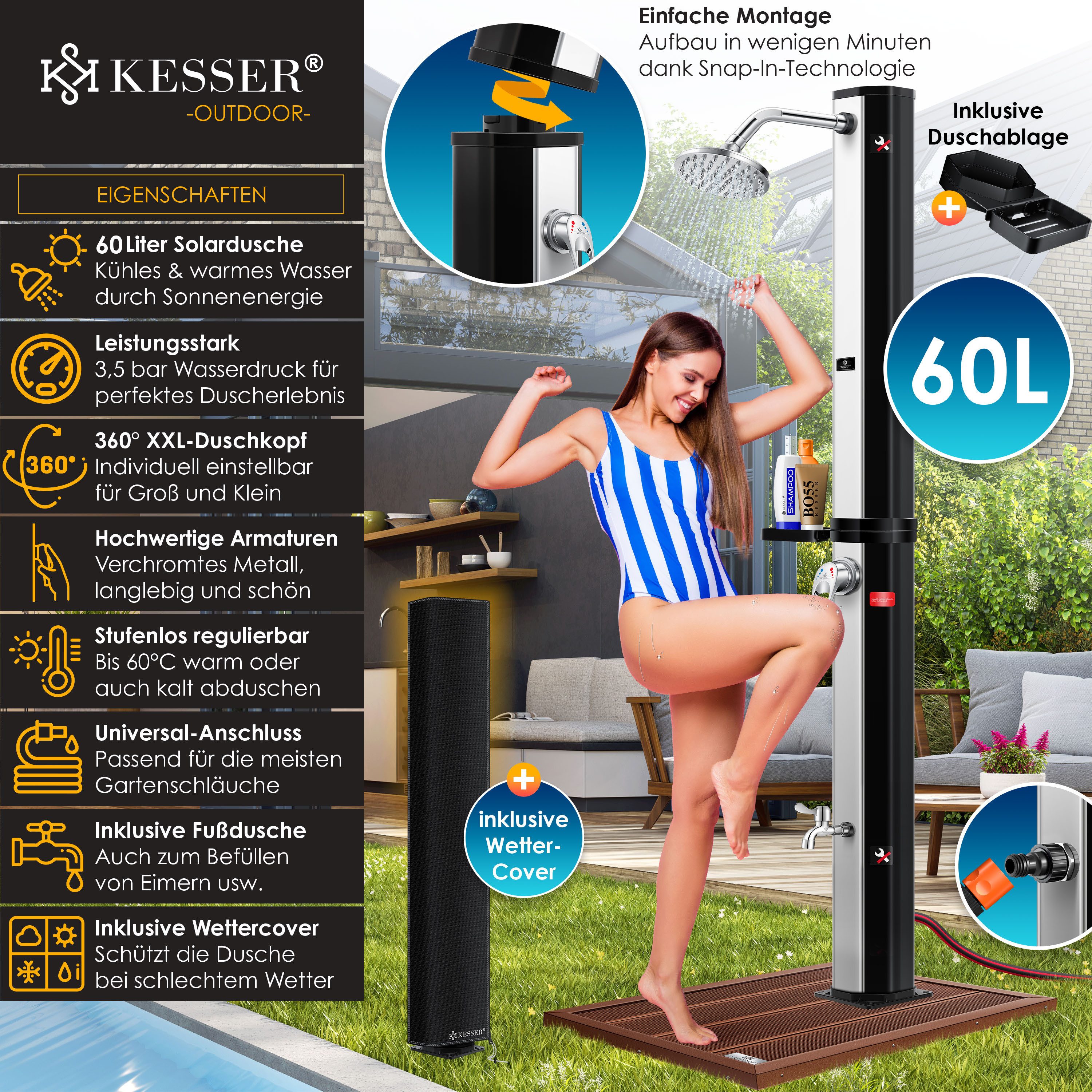 KESSER Solardusche, Solardusche 40- 60 Liter Solar Gartendusche warmes Wasser
