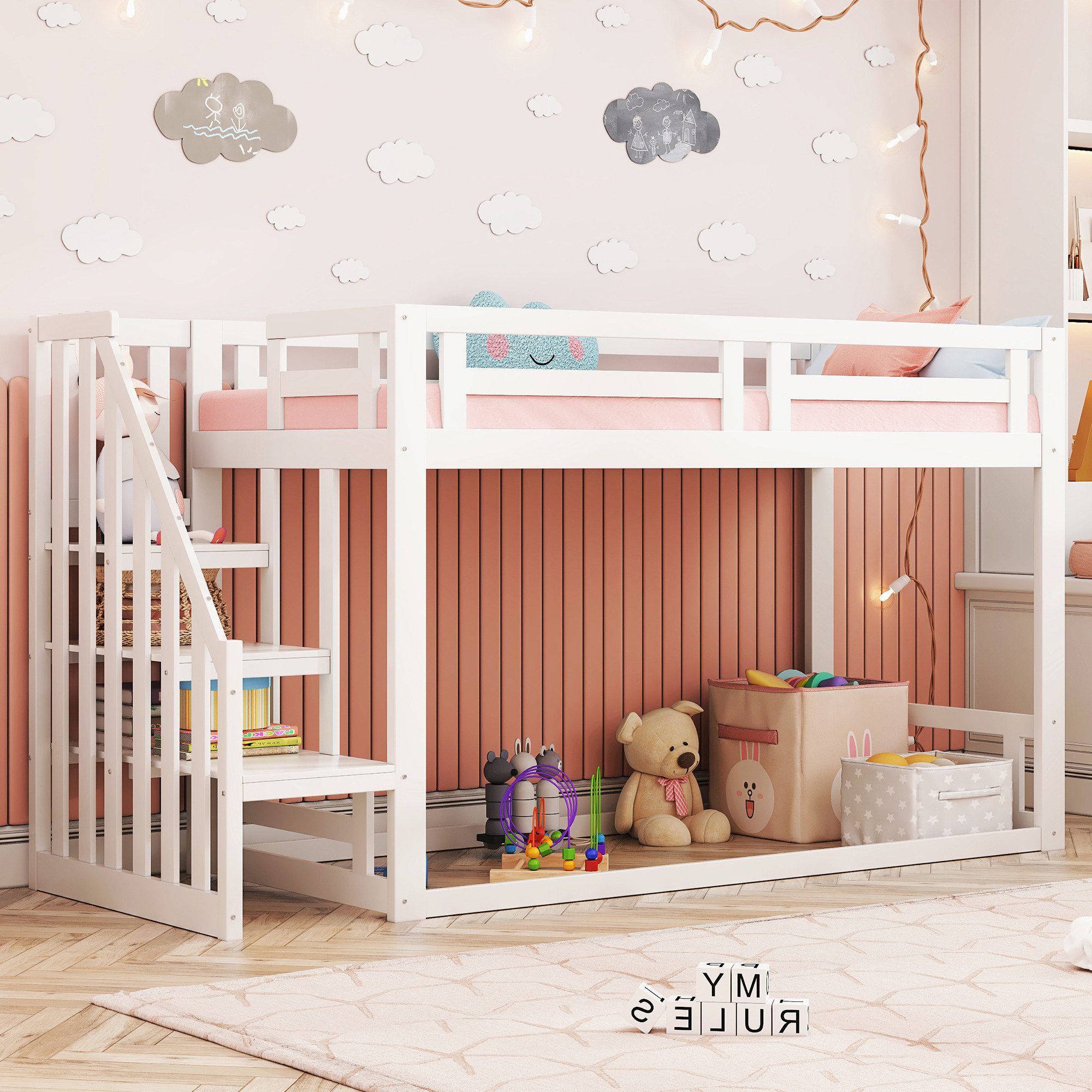 Flieks Etagenbett, Kinderbett mit Sicherheitstreppe 90x200cm günstig online kaufen