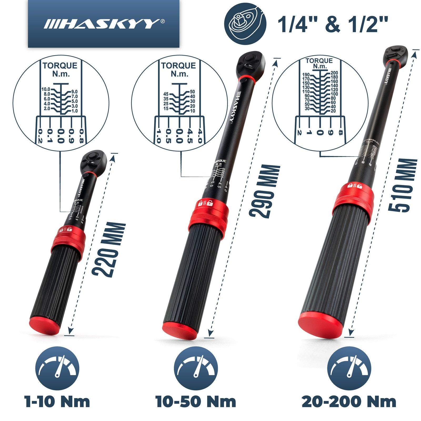 HASKYY Drehmomentschlüssel 3tlg Drehmomentschlüssel Set 1/4" 1/2" 1-10Nm 10-50Nm 20-200Nm