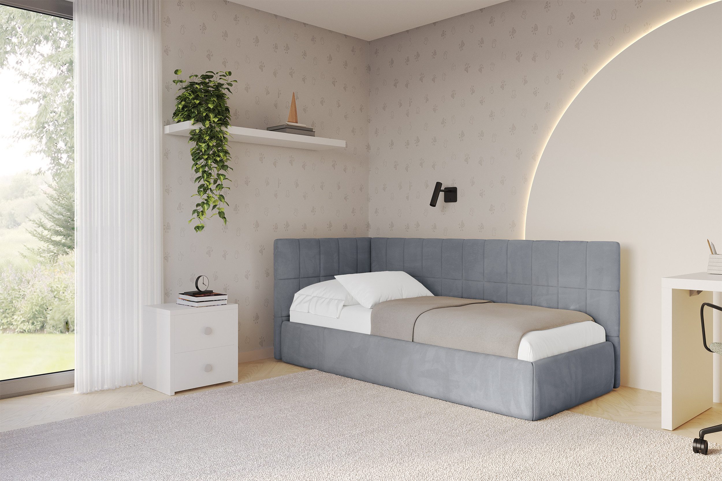 ALTDECOR Jugendbett TULY (Jugendbett mit Bettkasten und Lattenrost, Polsterbett ohne Matratze), Einzelbett mit Stauraum, Bett mit Kopfteil