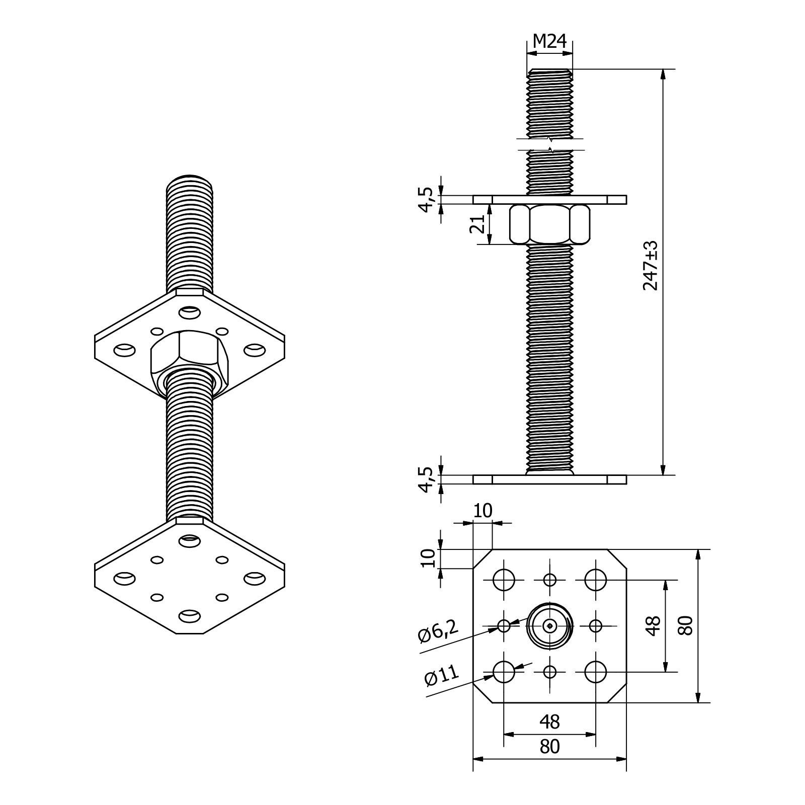 SO-TECH® Pfostenträger Stützträger höhenverstellbar Gewinde M24 Stahl feuerverzinkt, (4-St), zum Aufschrauben, wetterfest, 80 x 80 x 250 mm – Bild 5 von 5