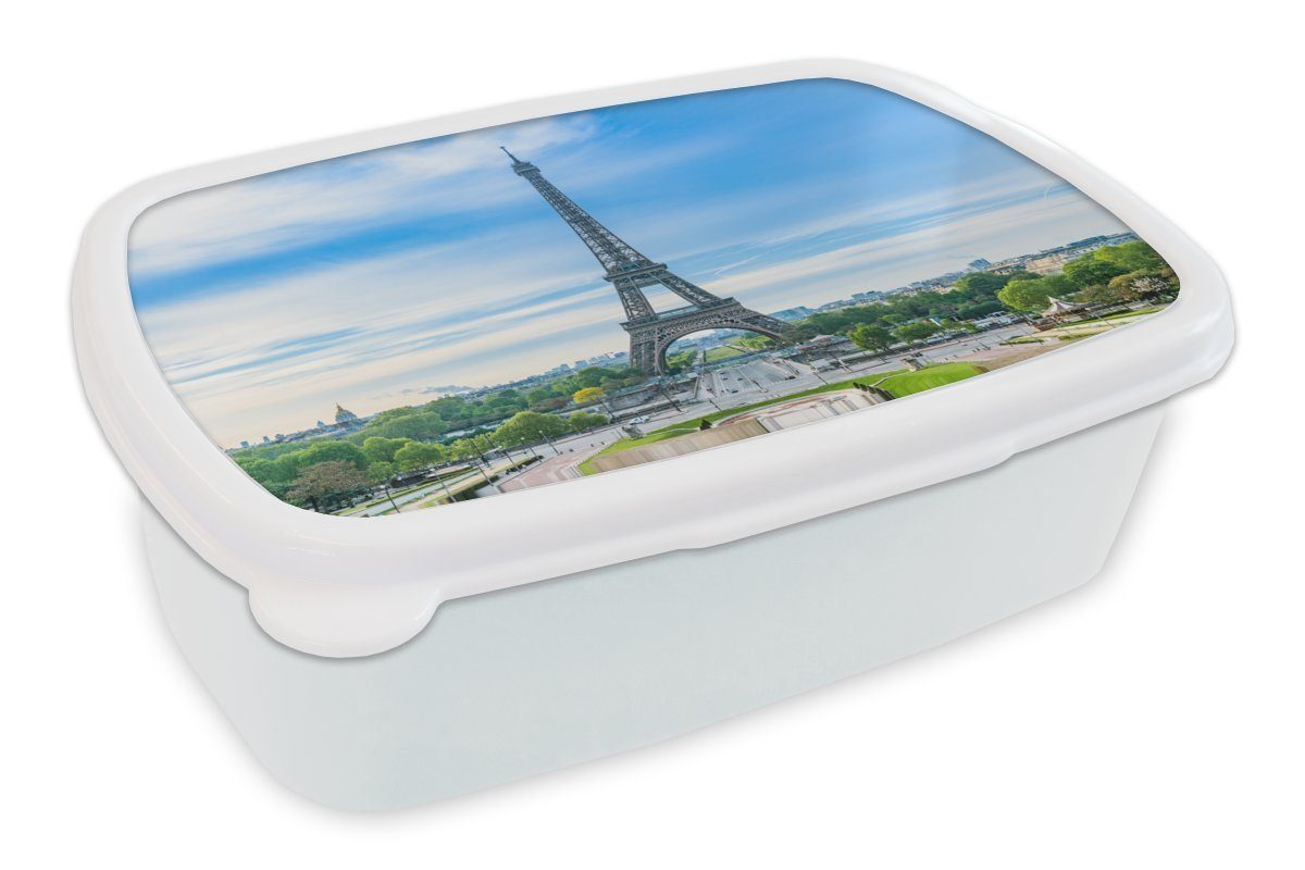 MuchoWow Lunchbox Der Eiffelturm vor einer farbenprächtigen Kulisse, Kunststoff, (2-tlg), Brotbox für Kinder und Erwachsene, Brotdose, für Jungs und Mädchen weiß