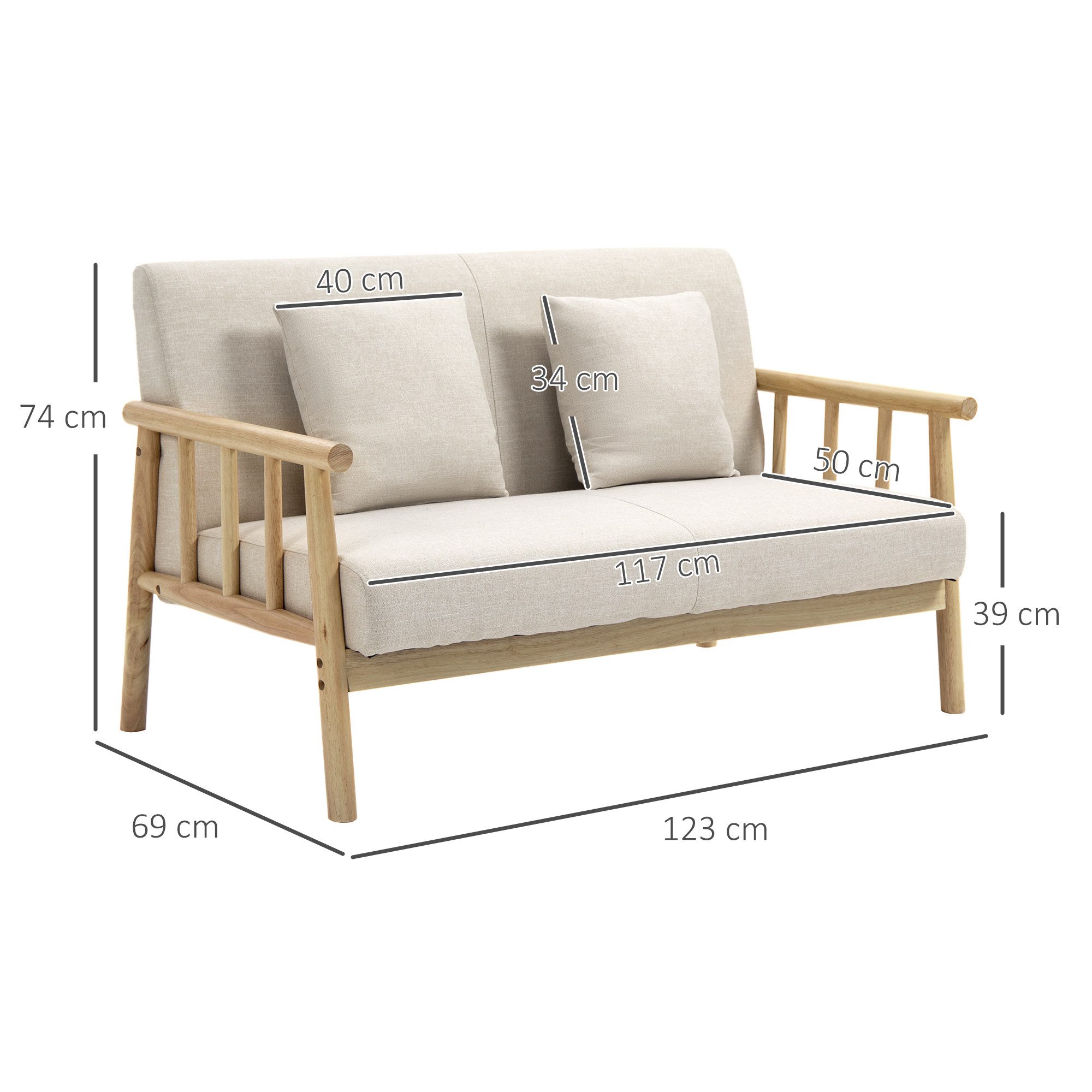 HOMCOM 2-Sitzer Couch mit 2 Lendenkissen, Gepolsterter Polstersofa, Sofa 1 Teile, für kleine Räume, Wohnzimmer, Schlafzimmer, Beige