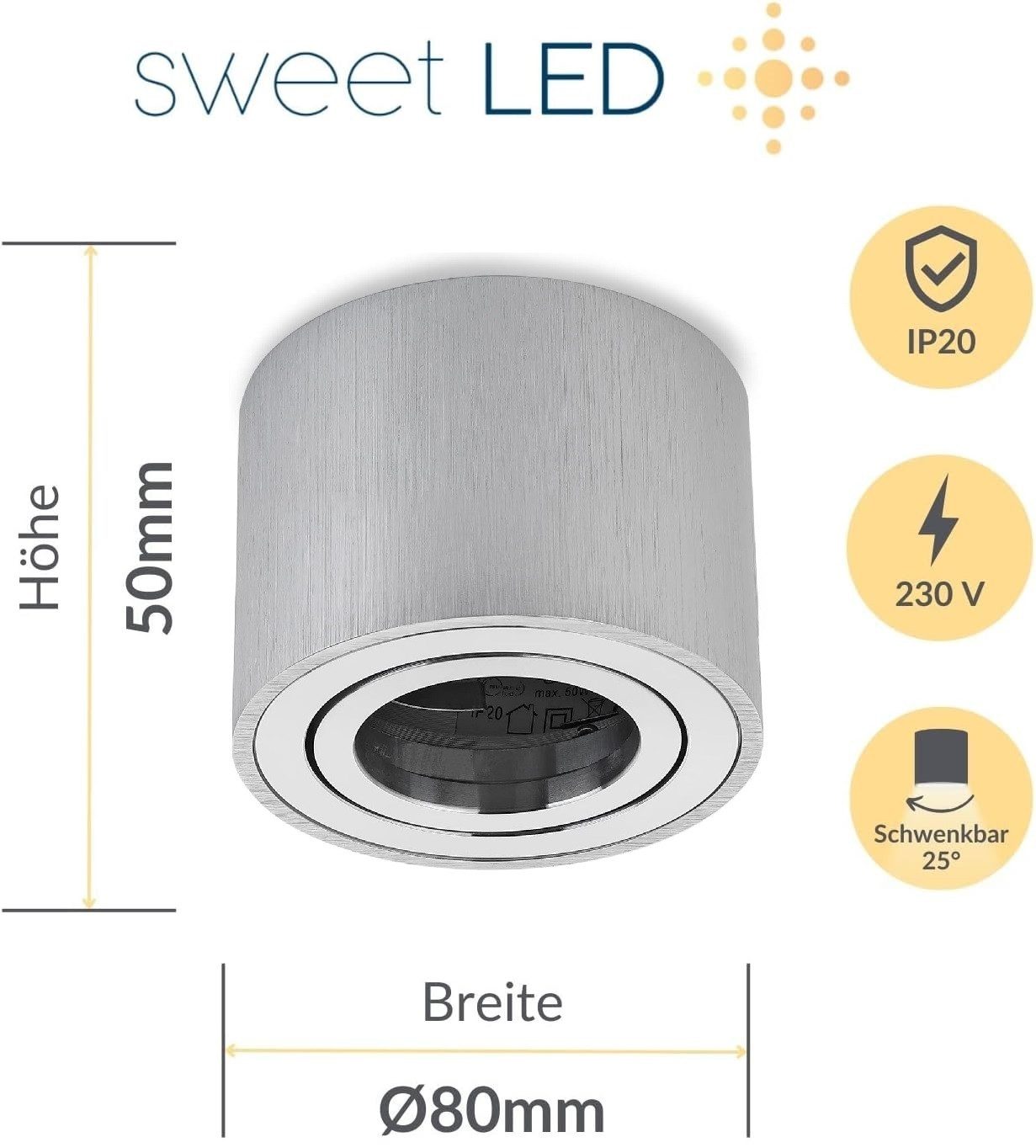 Sweet LED LED Aufbaustrahler 6er Set flache LED Aufbauspots - rund & schwenkbar, 5 W, 230V, LED wechselbar, Warmweiß, LED Deckenlampe, Deckenspot, Deckenstrahler