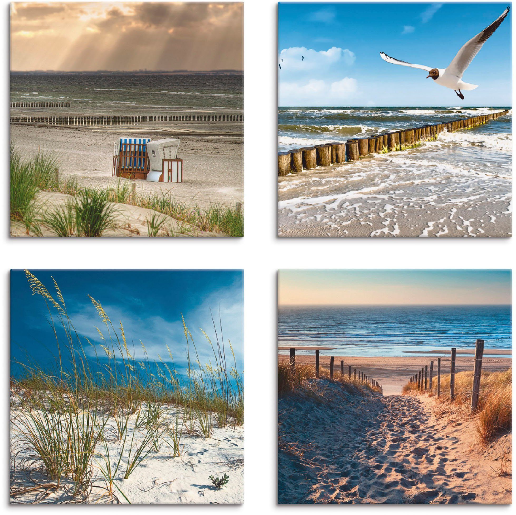 Artland Leinwandbild Einsamer Strand Ostsee Sanddüne Gräser, Strand (4 St), 4er Set, verschiedene Größen