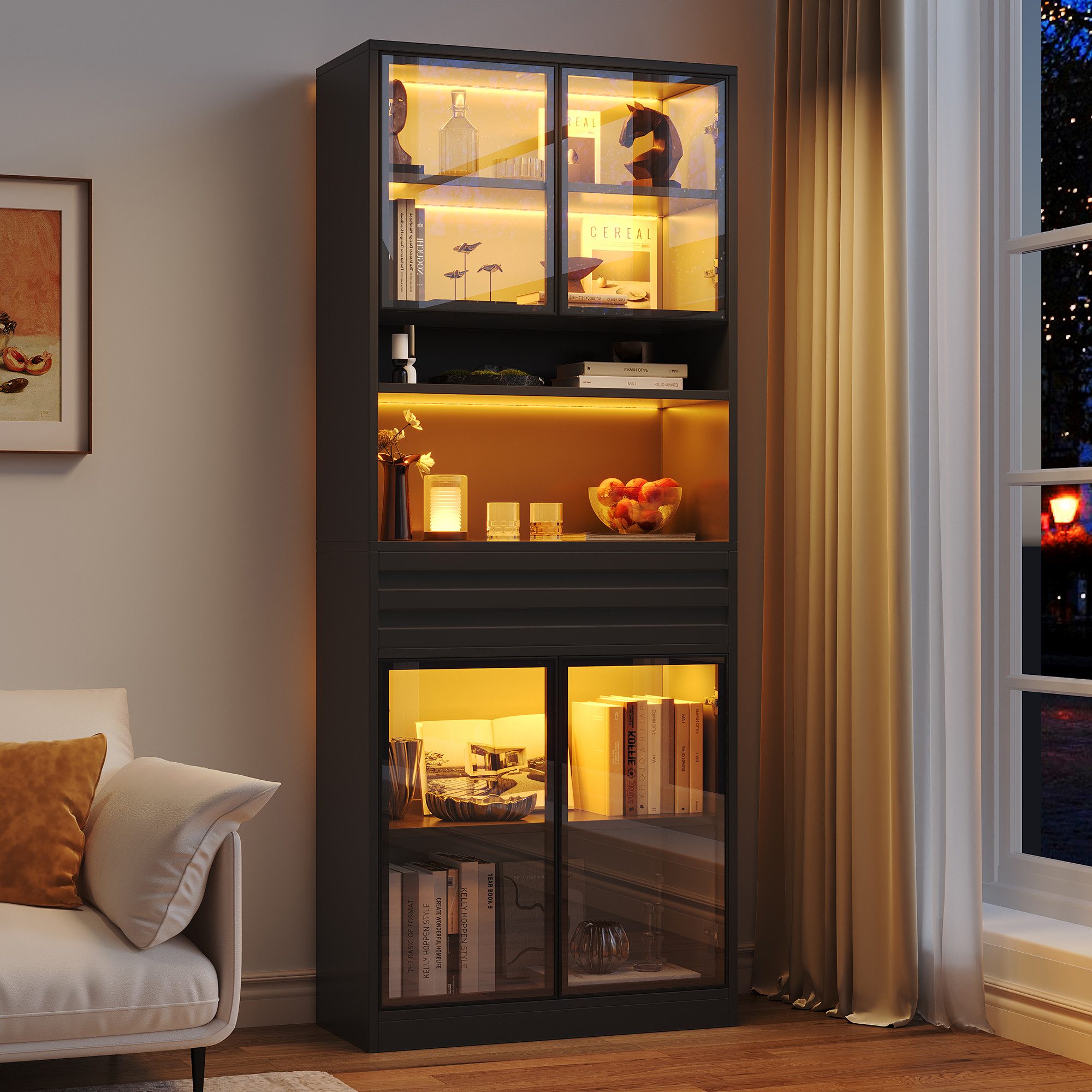 KLAM HOME Glasvitrine Vitrinenschrank 80×35×200cm mit App‑gesteuerter RGB‑LED (Hoher Display‑Schrank mit 4 Glastüren und 1 Schublade) Stabiler MDF‑Ausstellungsschrank für Wohnzimmer‑Sammlungen