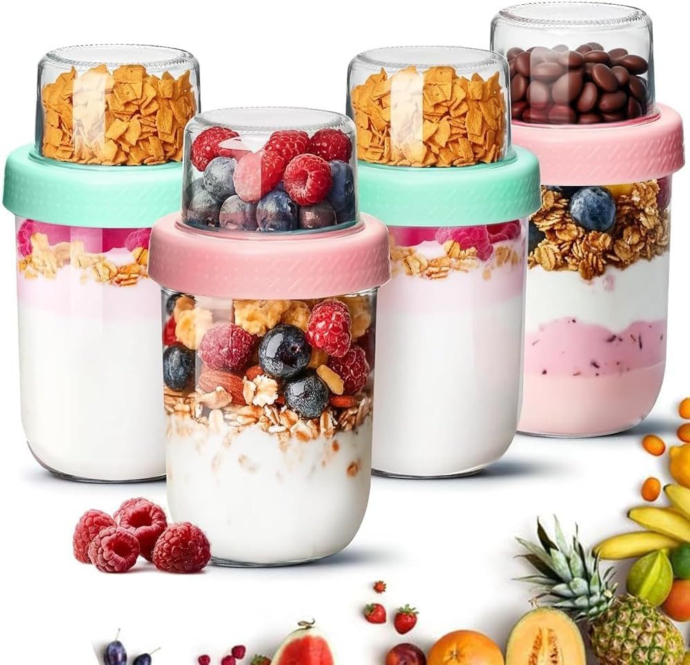BlingBin Müslibox Müslibecher to Go, Overnight Oats Gläser mit Obere Fach, 480 ml+120ml, Glas, Silikon, (4er Set, 4-tlg., Produktabmessungen: 16 × 9 × 9 cm), Doppelwandiger Auslaufsicherer Joghurtbecher für Schule/Büro/Picknick