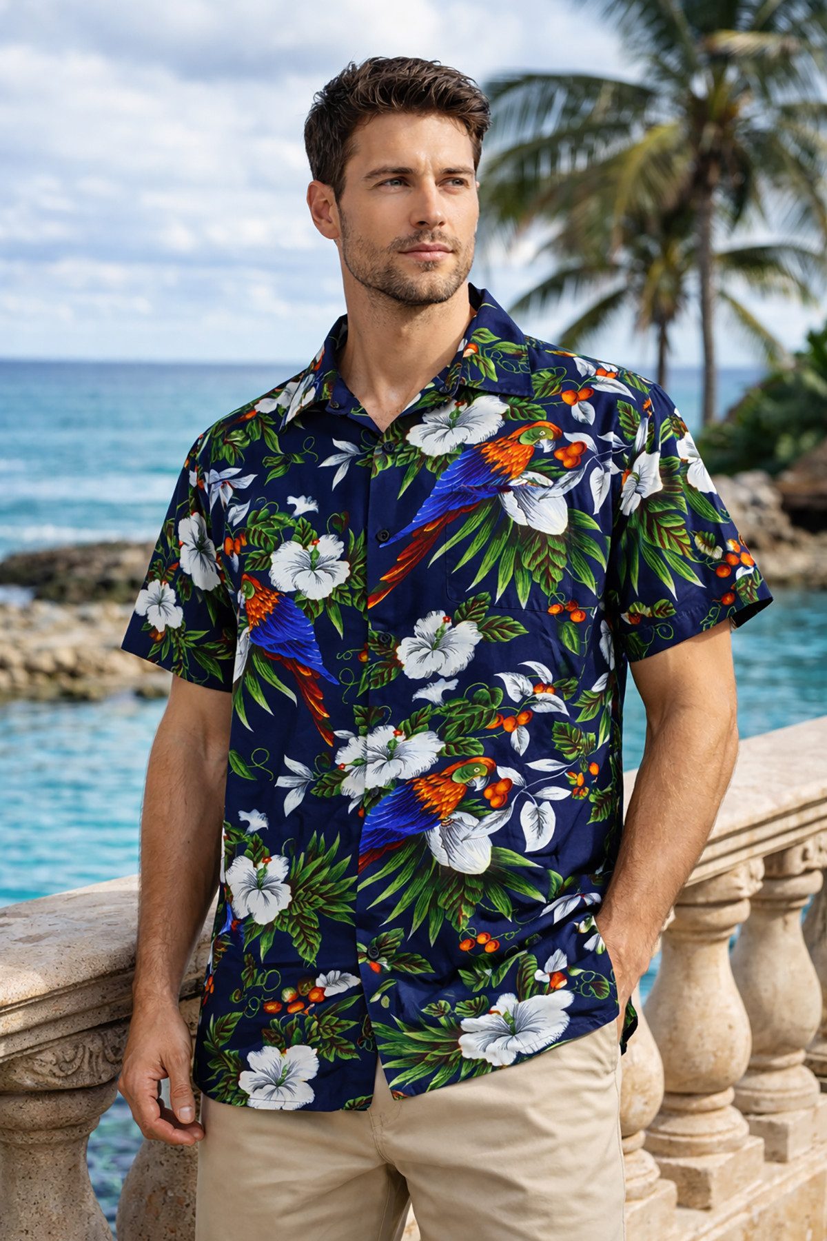 King Kameha Hawaiihemd Cherry Parrot Funky Hawaii-Hemd Herren Kurzarm Front günstig online kaufen