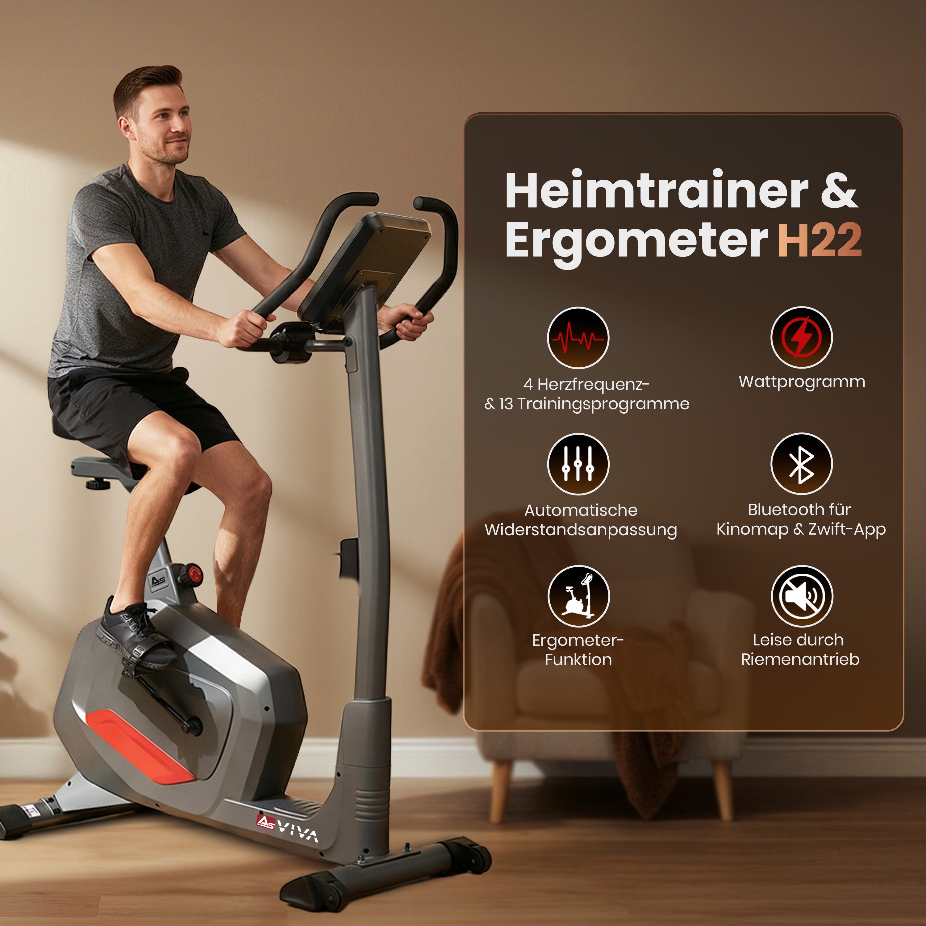 AsVIVA Heimtrainer H22 Ergometer mit automatischer Widerstandsanpassung für Fitness-Apps, 12 kg Schwungmasse, App-kompatibel, Cardio-Programme