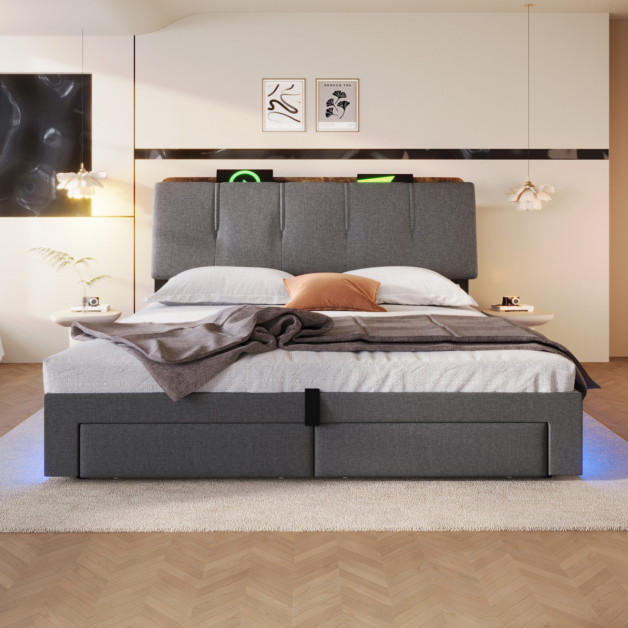 Merax Polsterbett mit LED-Beleuchtung, USB & Typ-C (1-tlg), Doppelbett 140x200cm mit hydraulischem Stauraum & 2 Schubladen, Leinen