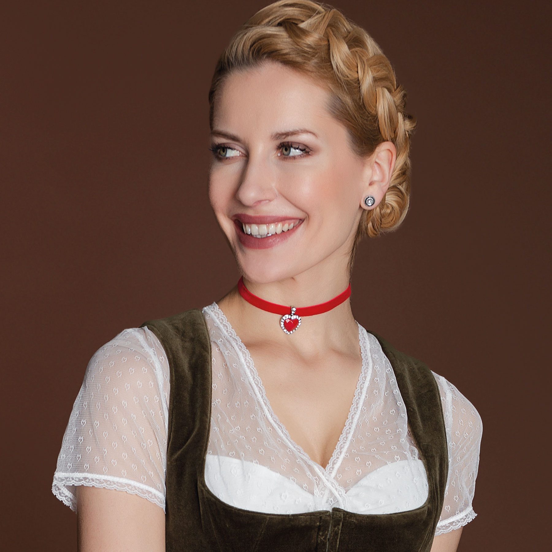Alpenflüstern Choker Trachten-Samt-Kropfband strassiger Herzstein (rot), - nostalgische Trachtenkette enganliegend, Kropfkette elastisch, elega – Bild 2 von 4