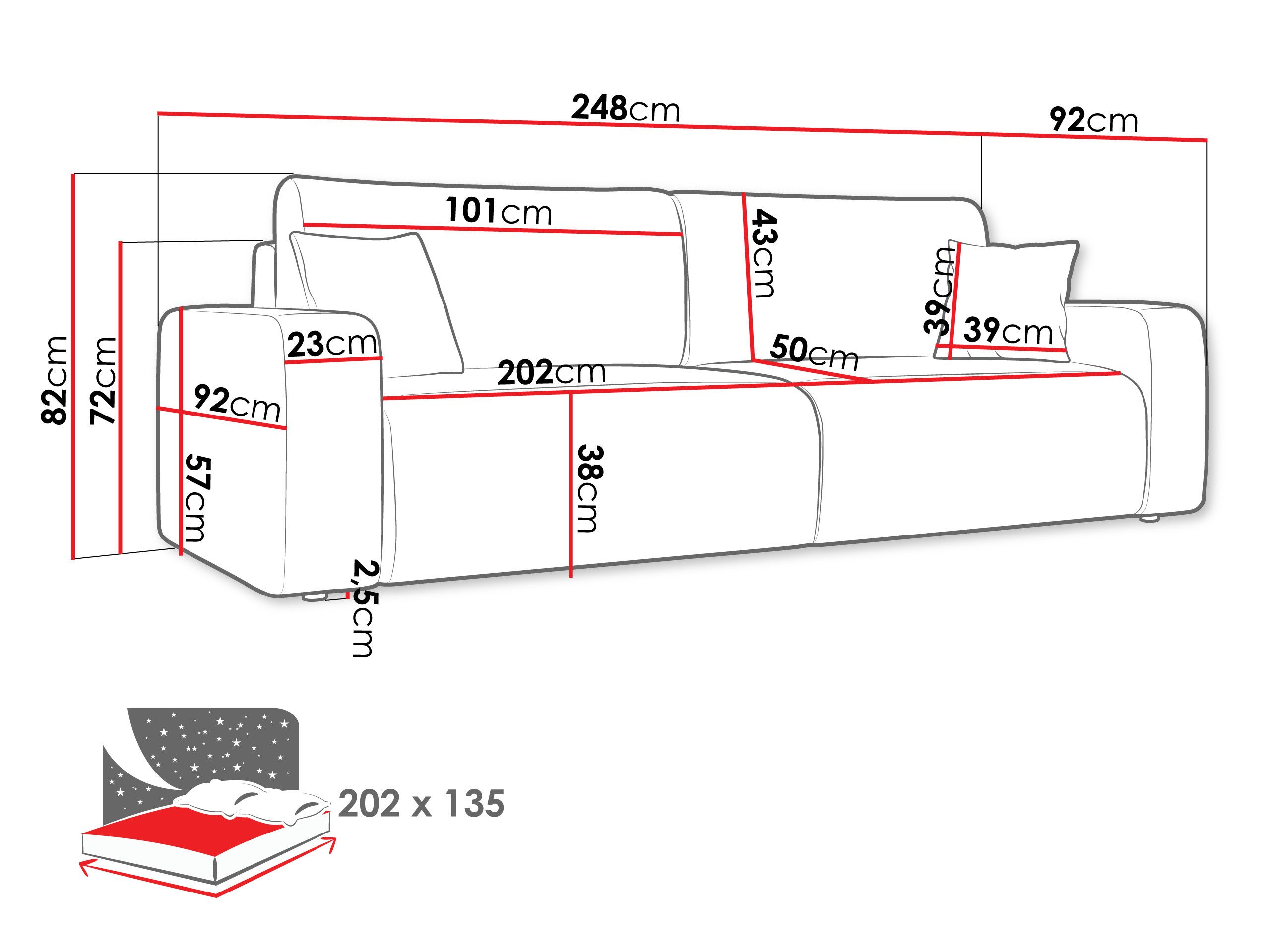 MIRJAN24 Schlafsofa Piano, mit Schlaffunktion und Bettkasten, Rückenlehne in Form beweglicher Kissen, 248x92x82 cm