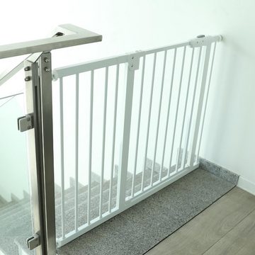 RAMROXX Treppenschutzgitter Absperrgitter Treppenschutz Metall weiß + Y Halter 77cm 101-114cm