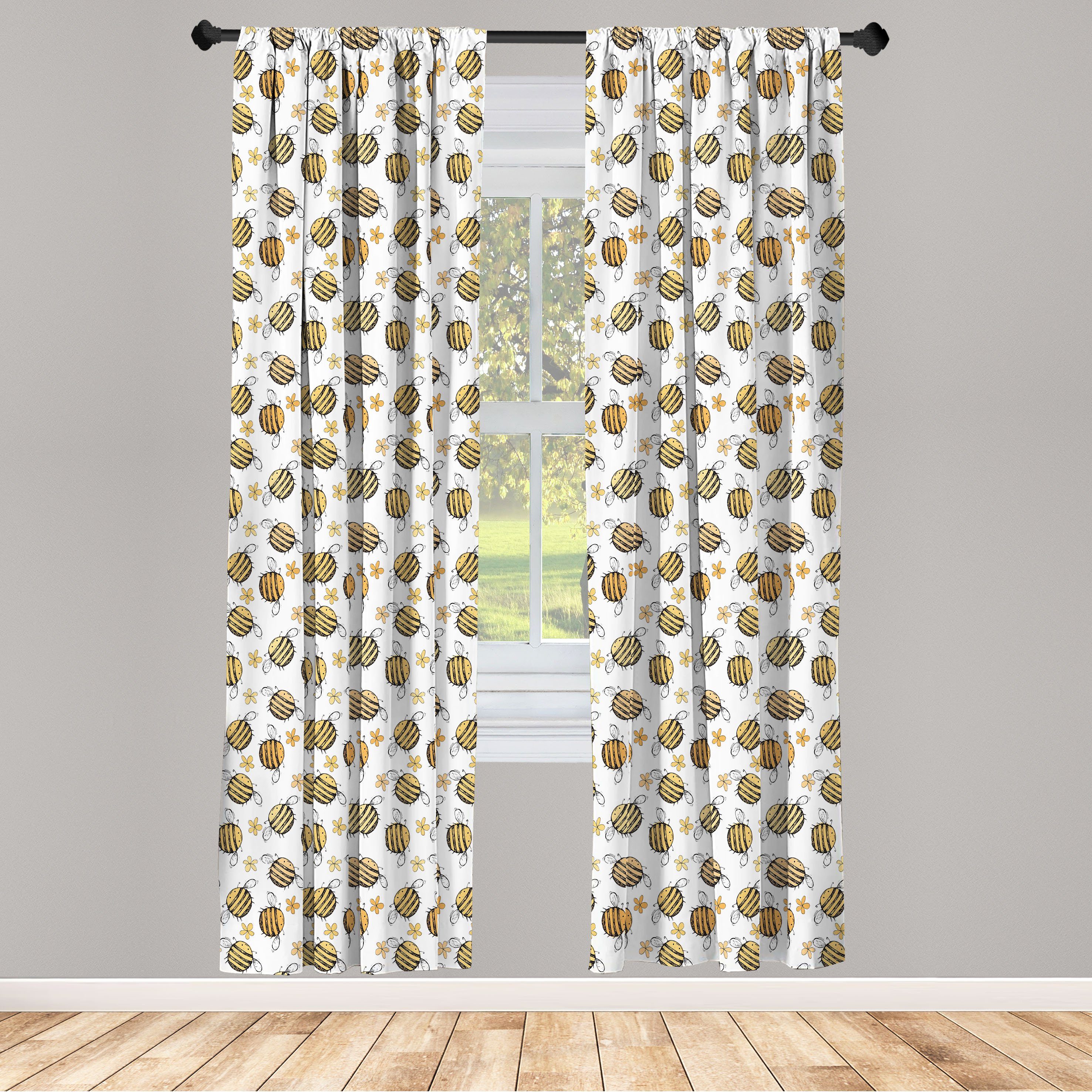 Gardine Vorhang für Wohnzimmer Schlafzimmer Dekor, Abakuhaus, Microfaser, Honey Bee Hand gezeichnete Blumen Bienen