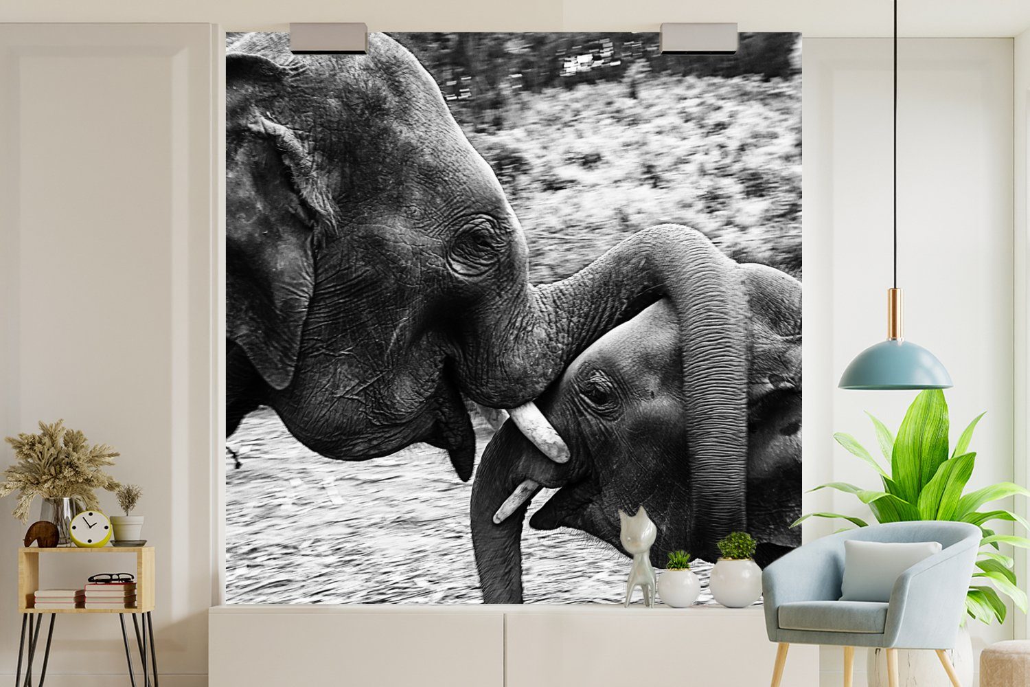 - MuchoWow (4 - Küche, bedruckt, Schlafzimmer weiß, Fototapete St), Vliestapete Schwarz Wohnzimmer für - Fototapete und Natur Matt, Elefant Tiere